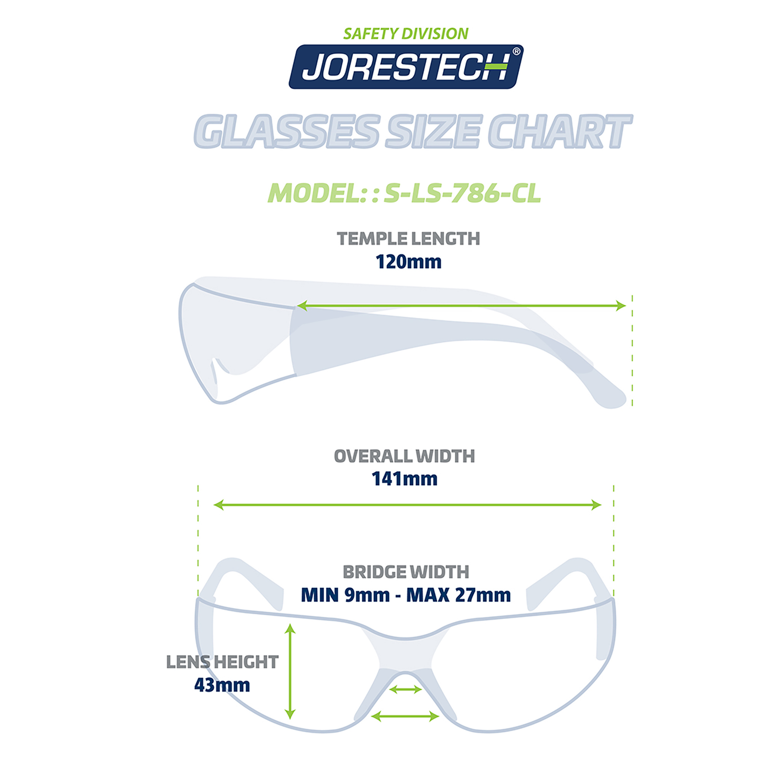 Diagram showing the measurements of the JORESTECH 786-Cl anti-fog safety glasses. Text reads: Temple length 120mm, overall width 141mm, lens height 43mm and Max and min bridge width 27mm and 9mm