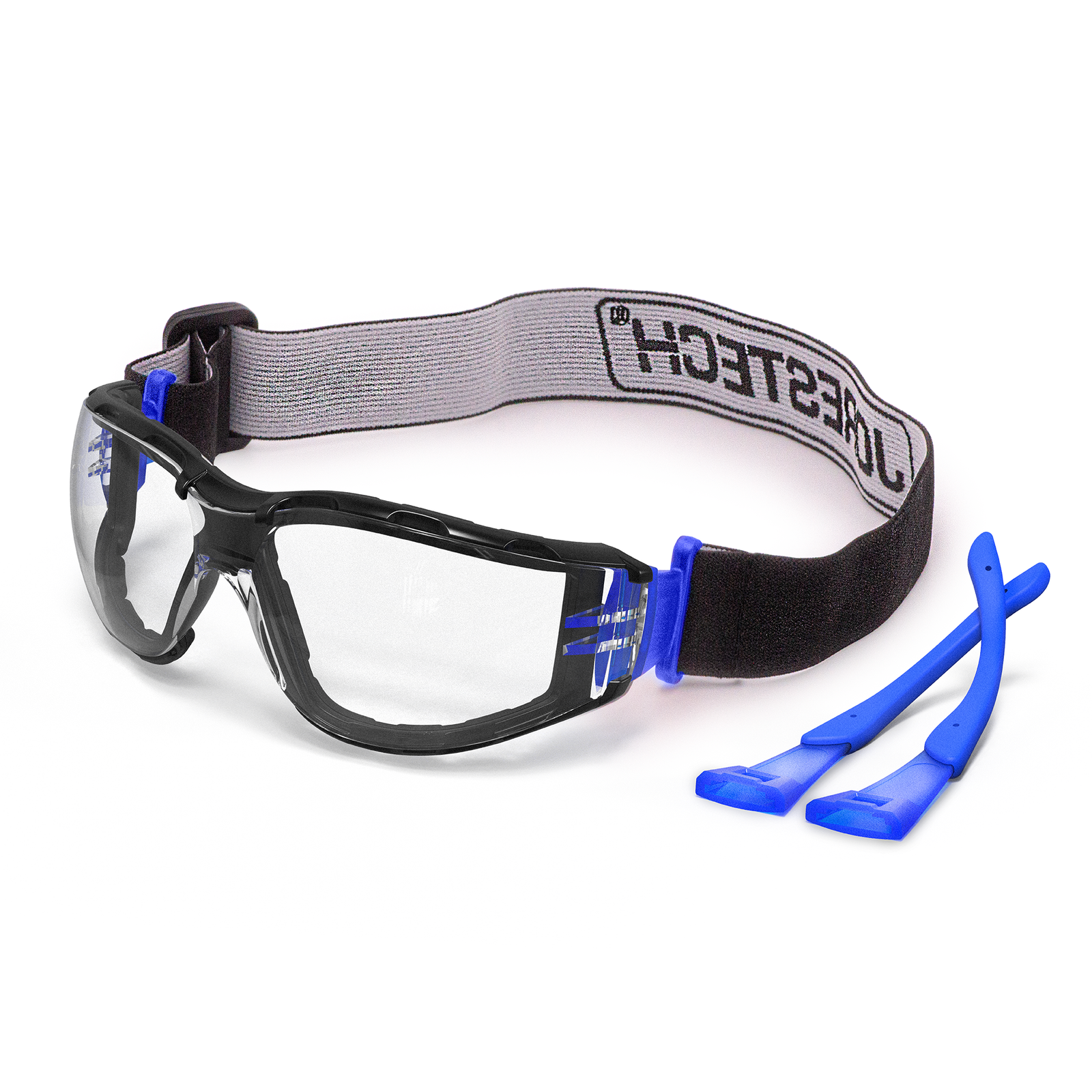 Diagonal view of the Anti fog JORESTECH ANSI compliant safety glasses convertible to goggles with removable foam seal gasket, temples and headband. Glaases have the elastic strap installed and the blue temples are on the right side