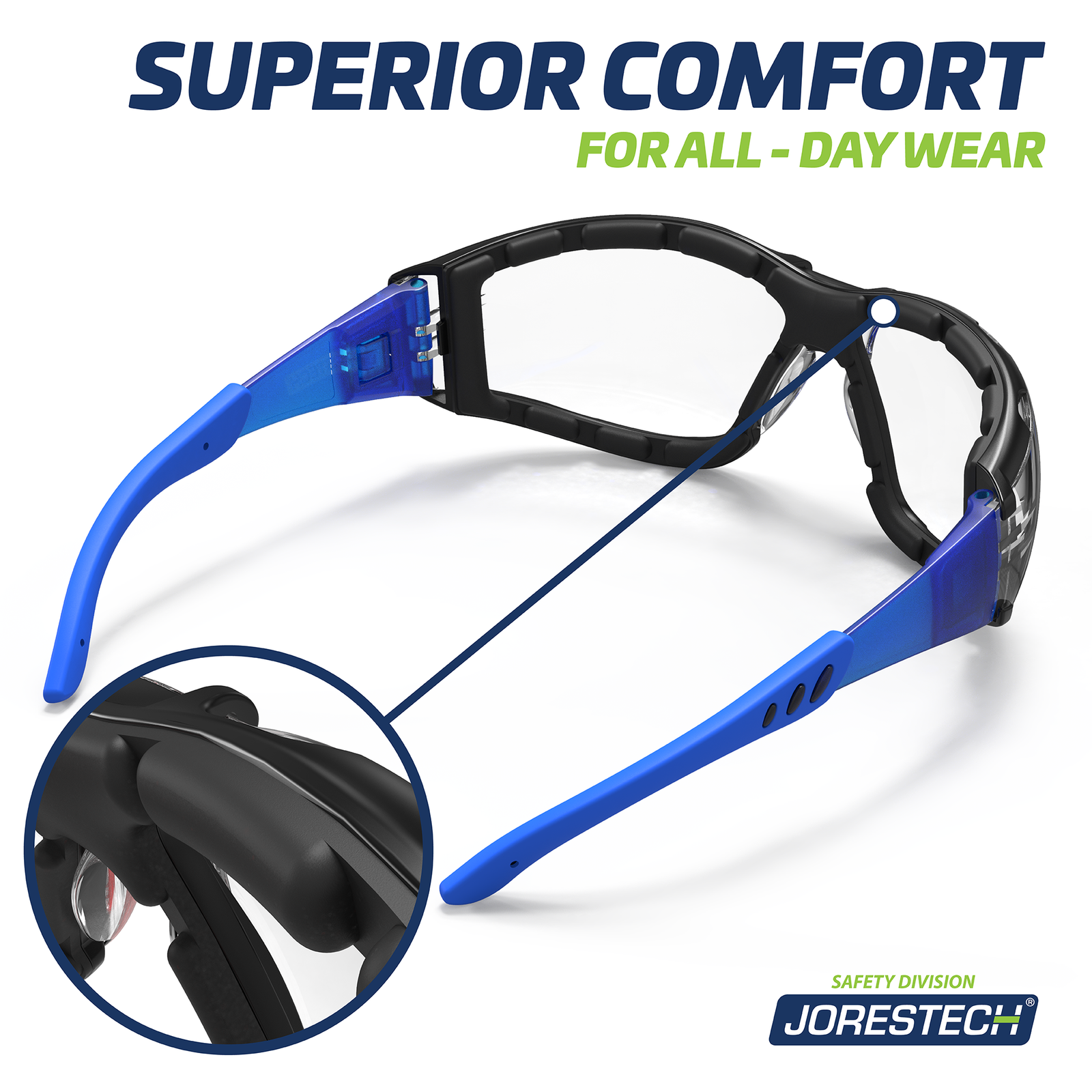 View of the back of the blue and clear JORESTECH anti fog safety glasses convertibles to goggles with removable temples and elastic headband. Close up of the foam gasket is shown in a circle and text reads superior comfort for all day wear.