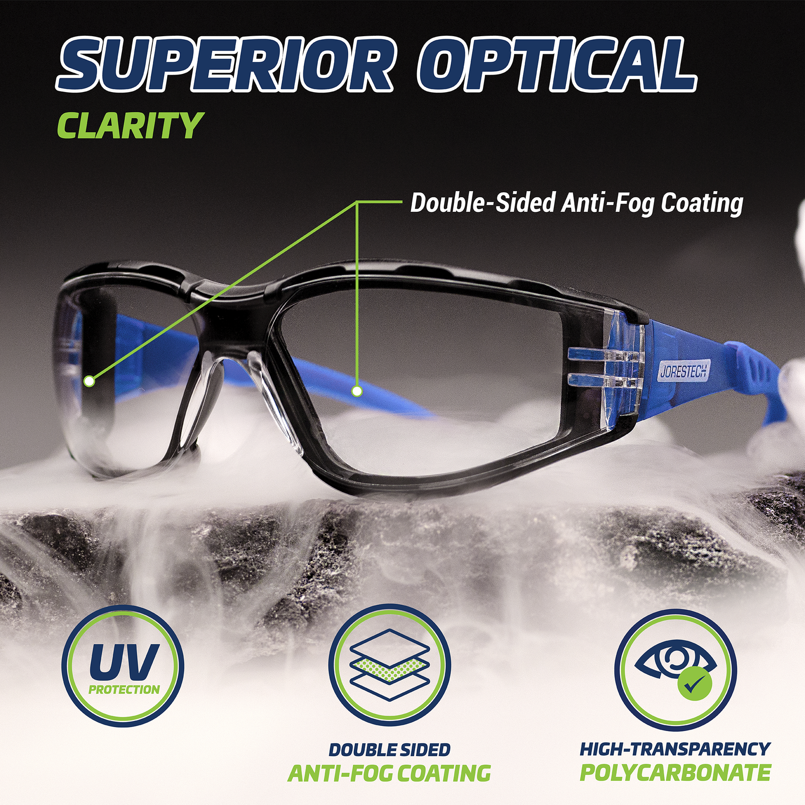 Features the blue and clear JORESTECH safety glasses on top of a rock and surrounded by water vapor to show glasses are anti fog. Text reads: superior optical clarity, Double sided anti fog coating, UV protection logo and high transparency logo.