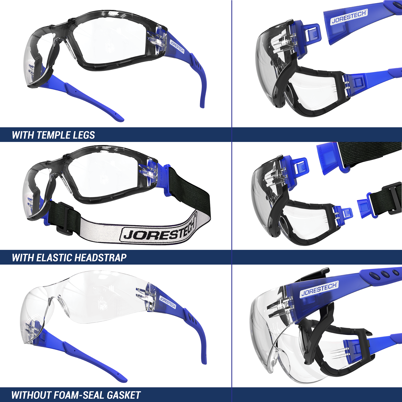 Show 3 ways how this JORESTECH high impact safety glasses can be used, which are: with temple legs, with elastic head strap, without foam seal gasket. Legs, headband and gasket are all removable