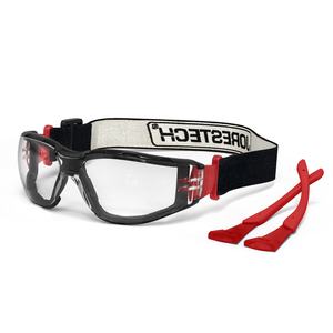 Diagonal view of the Anti fog JORESTECH safety glasses convertible to goggles with removable foam seal gasket, temples and headband. Glaases have the elastic strap installed and the red temples are on the right side