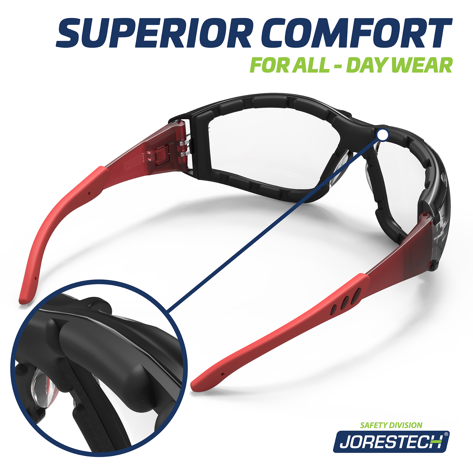 Shows a view of the back of the red and clear JORESTECH anti fog safety glasses convertibles to goggles with removable temples and elastic headband. Close up of the foam gasket is shown in a circle and text reads superior comfort for all day wear.