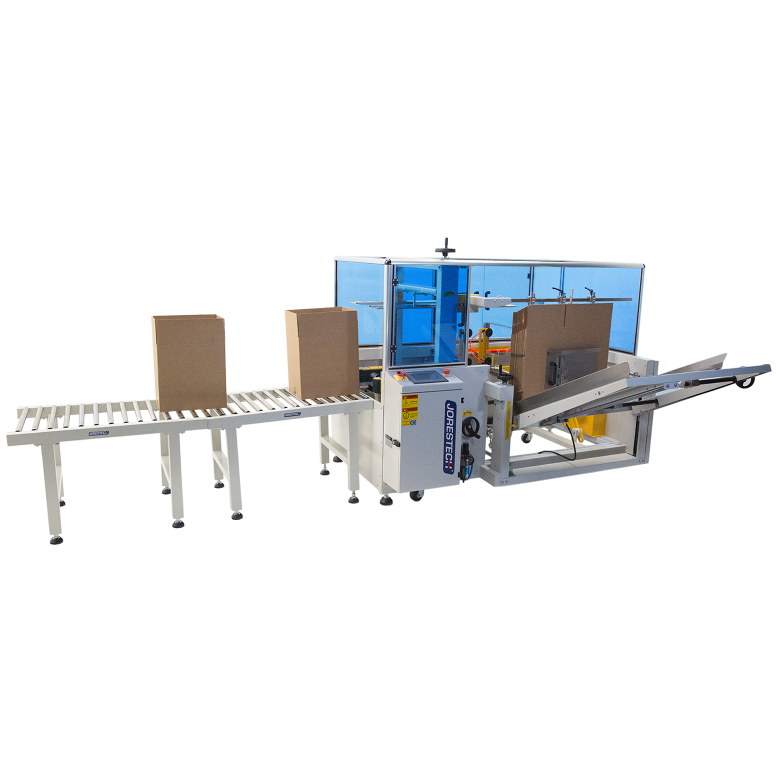 Automatic case erector filled with brown unformed brown boxes. The machine is sealing the bottom of the boxes and they exit the sealer ready to be used.