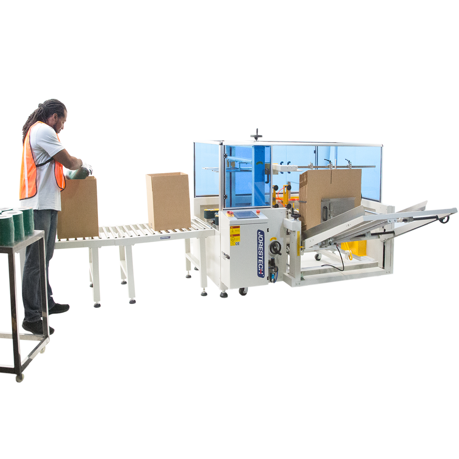 white automatic case erector with blue panels filled with brown unformed boxes and man wearing orange vest inserting green items into formed boxes coming from case erector.