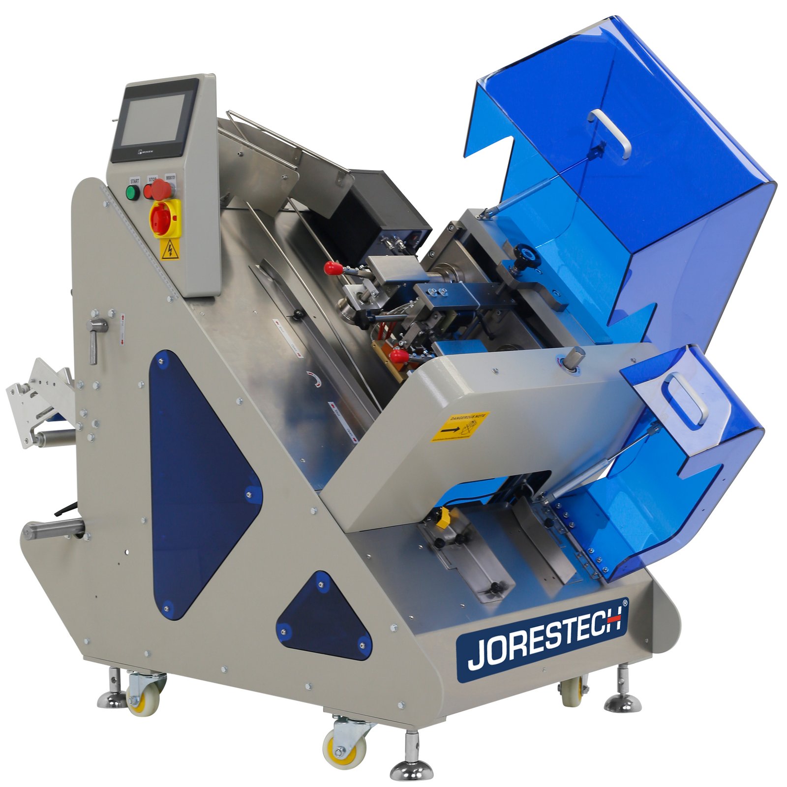 Gray powder coated automatic inclined JORES TECHNOLOGIES® flow wrapper. 2 Blue acrylic doors of the machine are open to show the form sealing mechanism