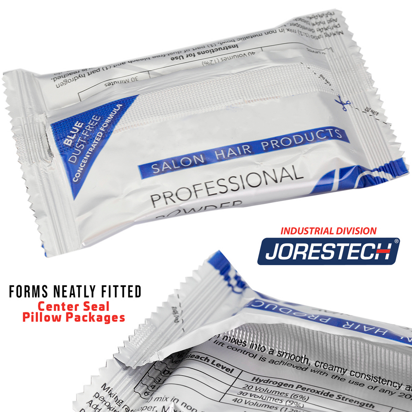 White pillow package with a blue banner over a white background. Text reads: Forms neatly fitted center seal pillow packages