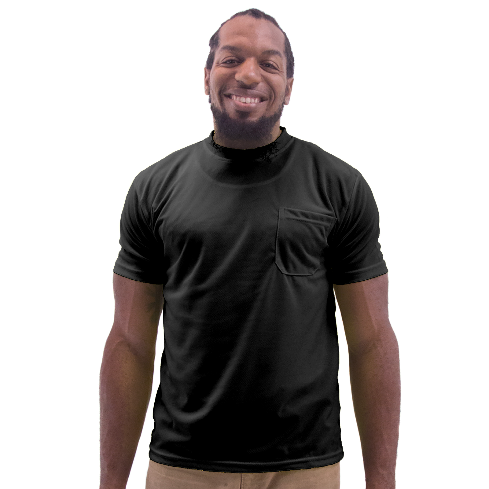 Man wearing the birds eye short sleeve black T shirt