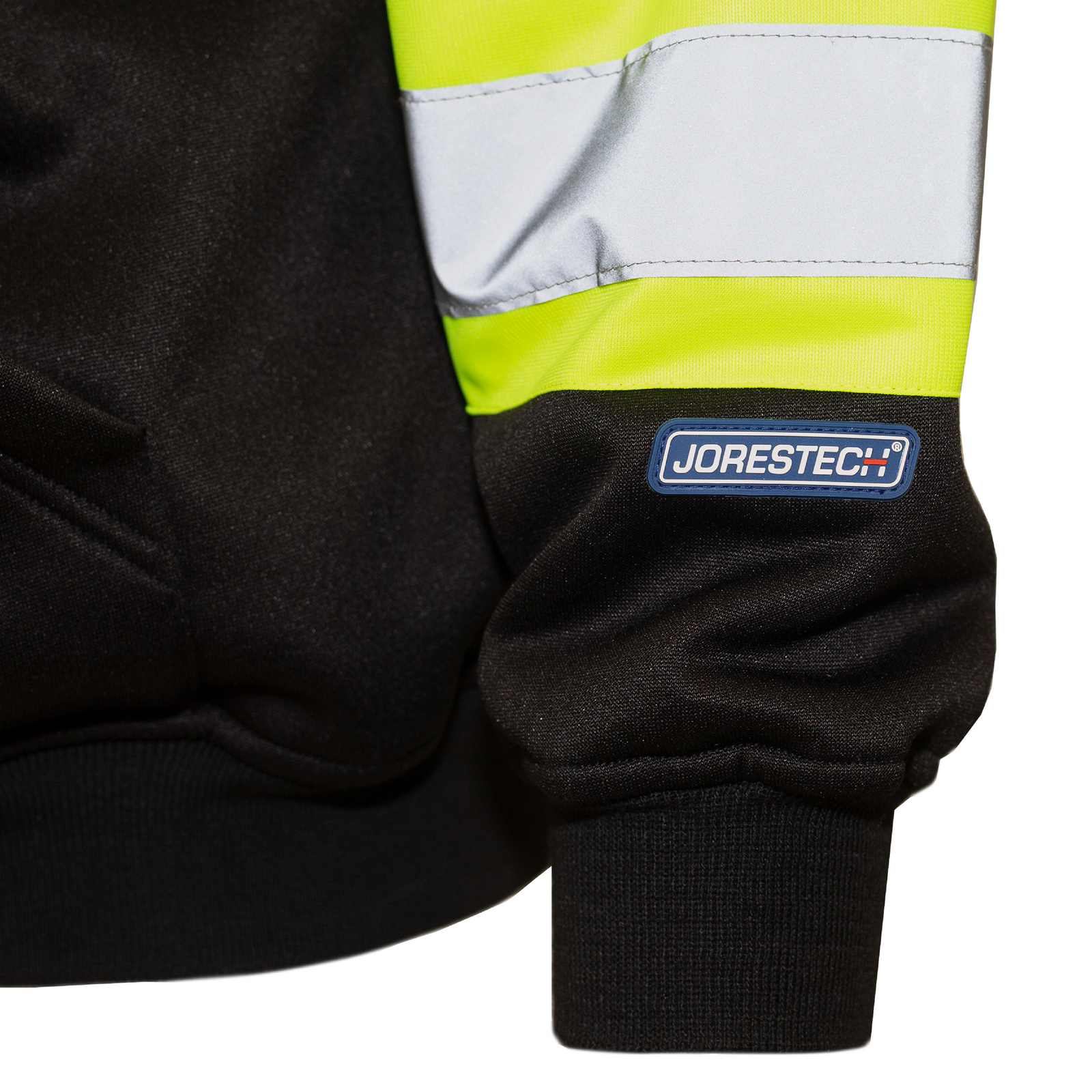 Close up showing elastic cuff, reflective stipes and yellow contrasting stripes of the JORESTECH black ANSI safety sweatshirt