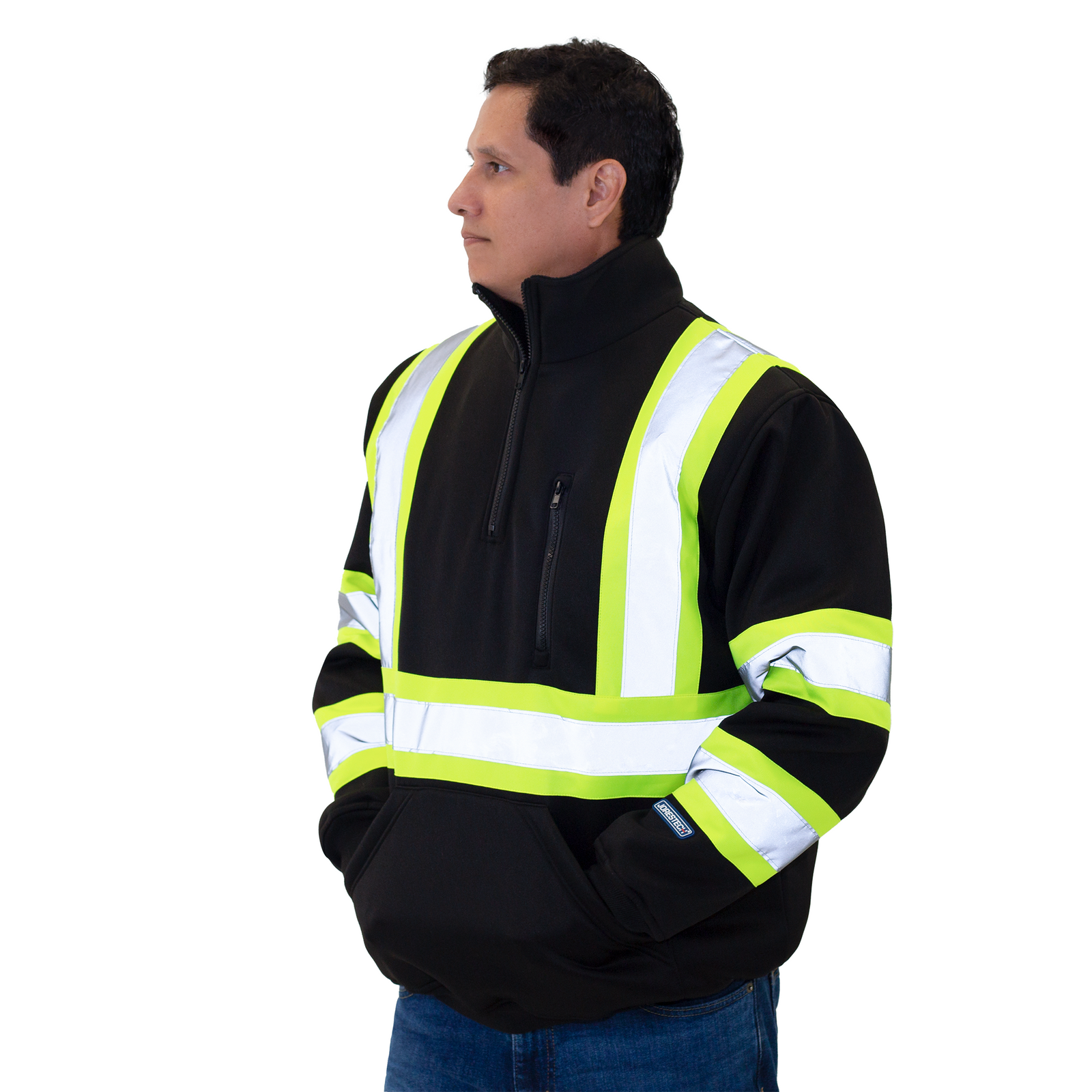 man wearing the black JORESTECH safety sweatshirt with contrasting yellow stripes ANSI class 1 type O