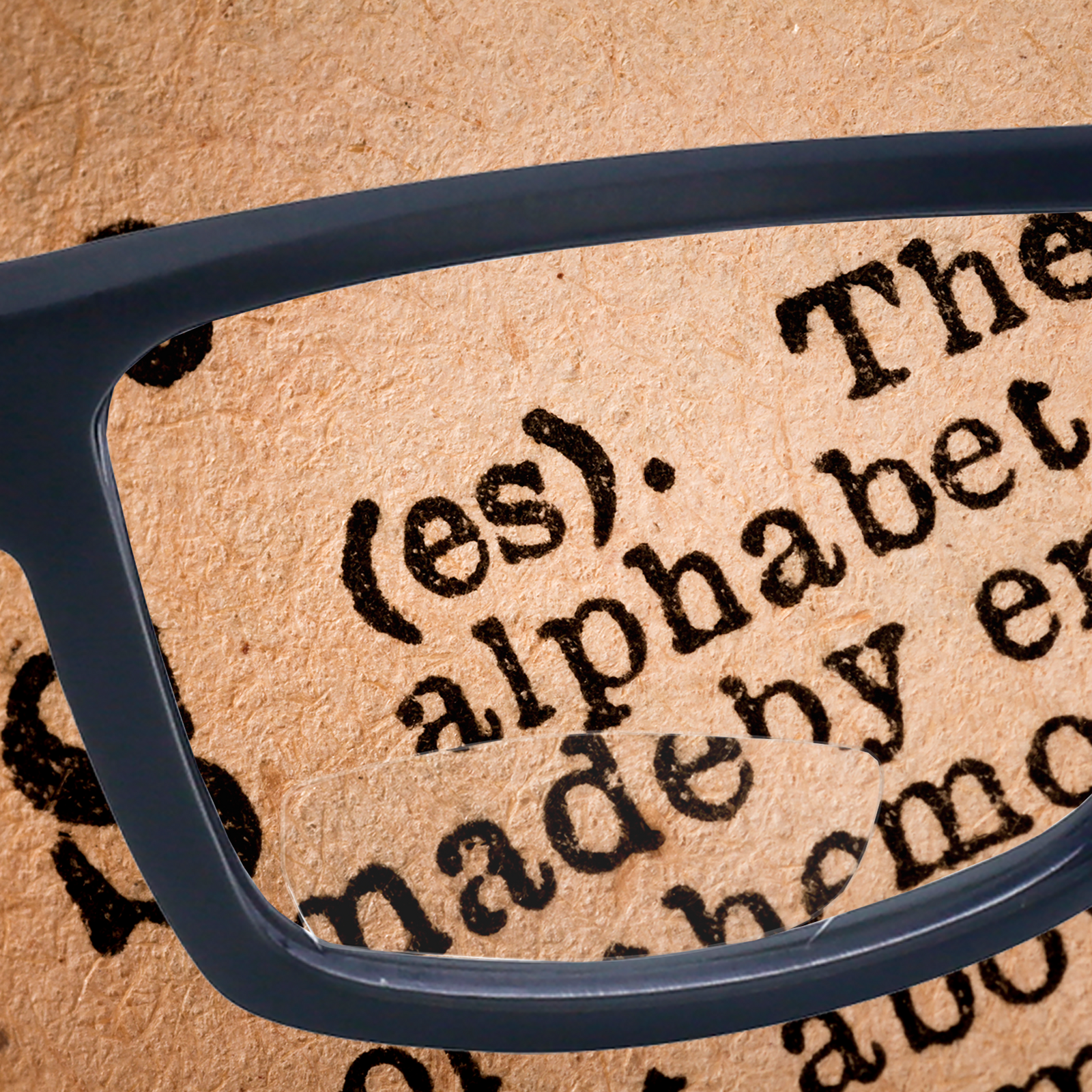 The Jorestech Bifocal safety reader glasses placed on top of some text. The letters can be seen magnified in the lower part of the lens