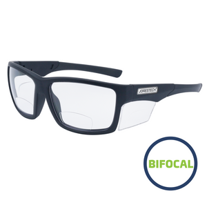 A JORESTECH bifocal safety reader Glasses with clear side shield for high impact protection. These safety glasses have black frame and clear polycarbonate lenses. In a green and blue drawing it reads bifocal 