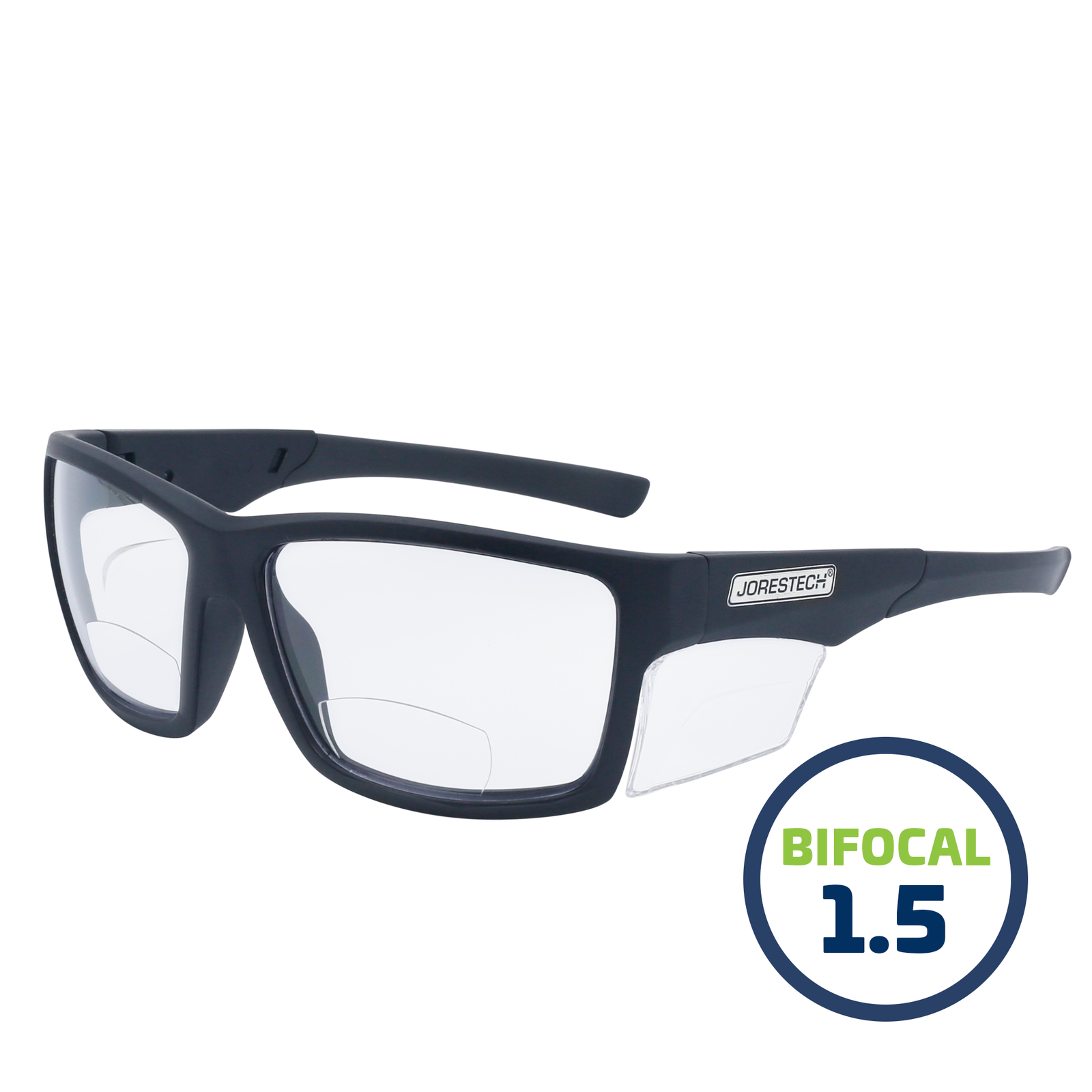 A JORESTECH bifocal safety reader Glasses with clear side shield for high impact protection. These safety glasses have black frame and clear polycarbonate lenses. In a green and blue drawing it reads bifocal 1.5