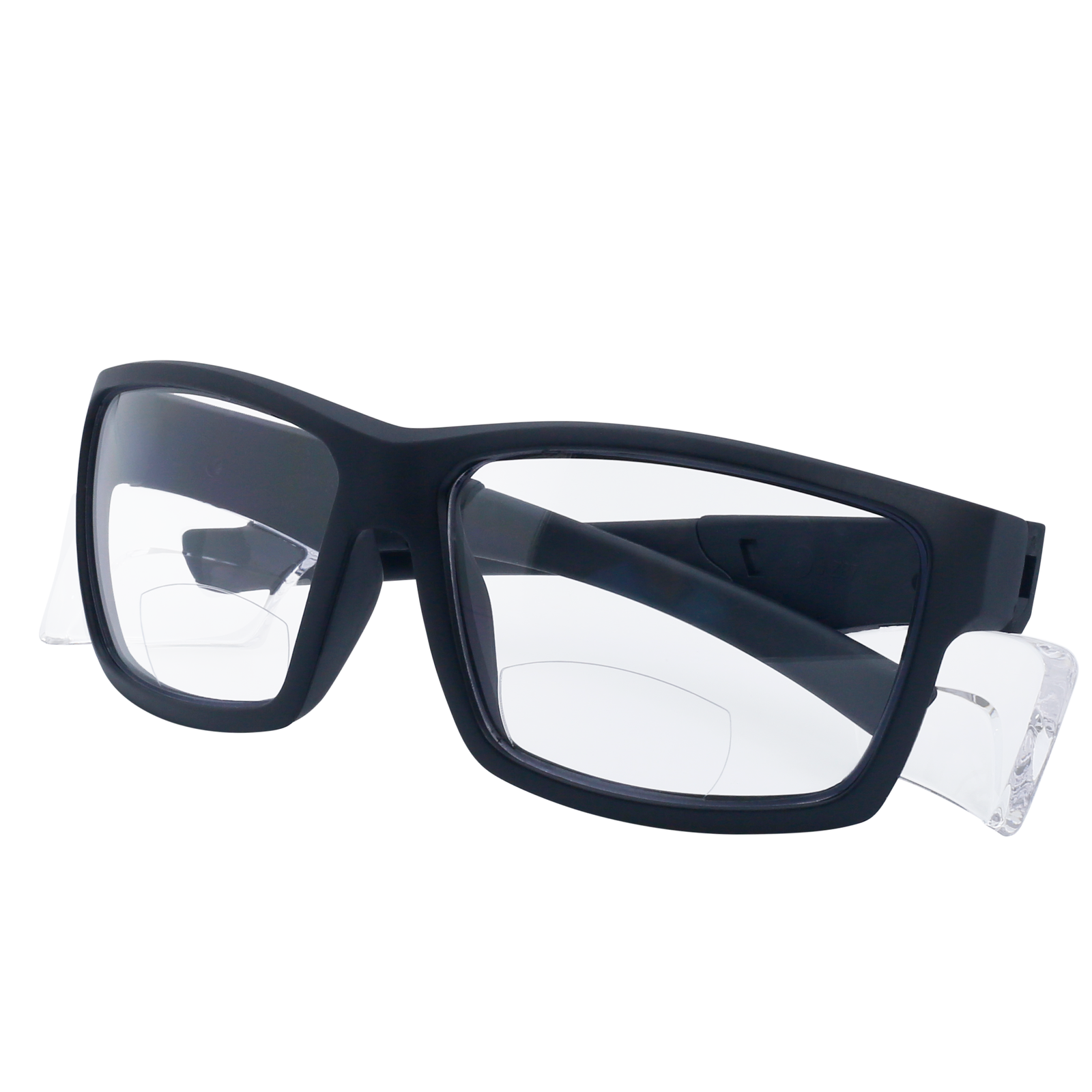 Diagonal view of a JORESTECH bifocal safety reader glass with side shield for high impact protection with the temples folded.. These safety glasses have black frame and clear polycarbonate lenses over white background
