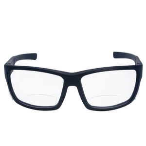 Front view of a JORESTECH bifocal safety reader glass with side shield for high impact protection. These safety glasses have black frame and clear polycarbonate lenses over white background