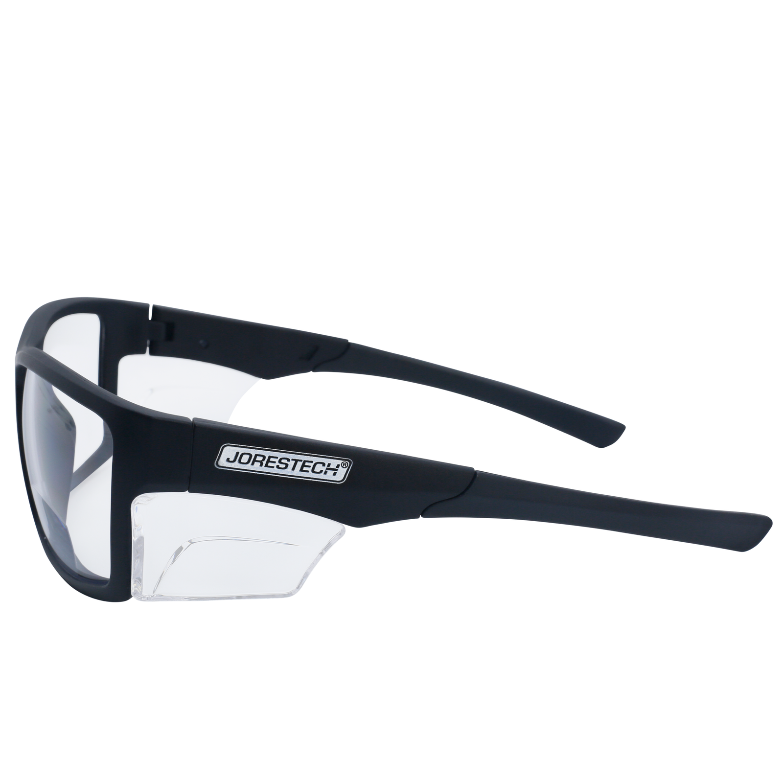 Shows side view of a bifocal ANSI compliant safety reader JORESTECH glass with side shield for high impact protection. These safety glasses have black frame and clear polycarbonate lenses. 