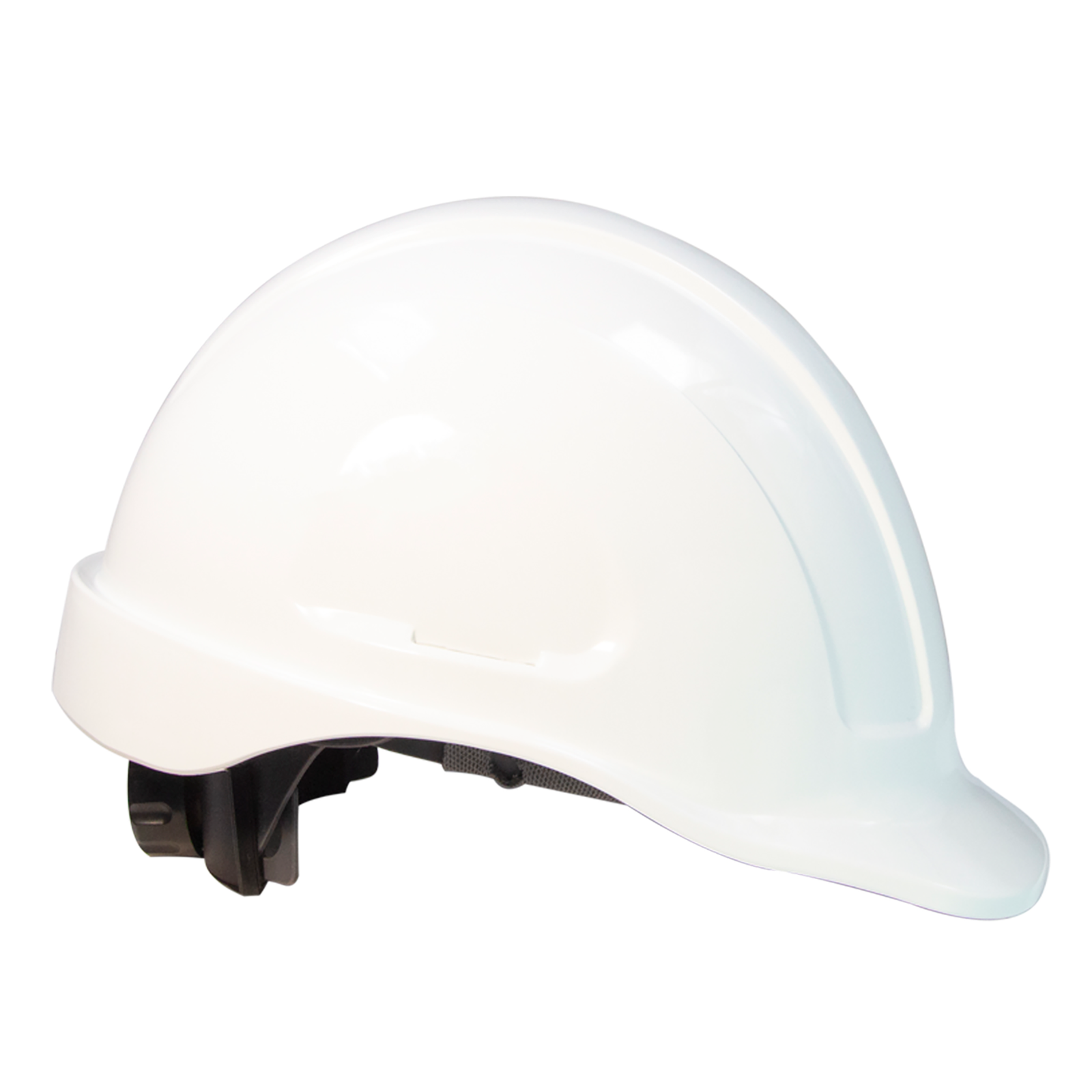 Diagonal view of a white cap stile safety hard hat with 4 point suspension 