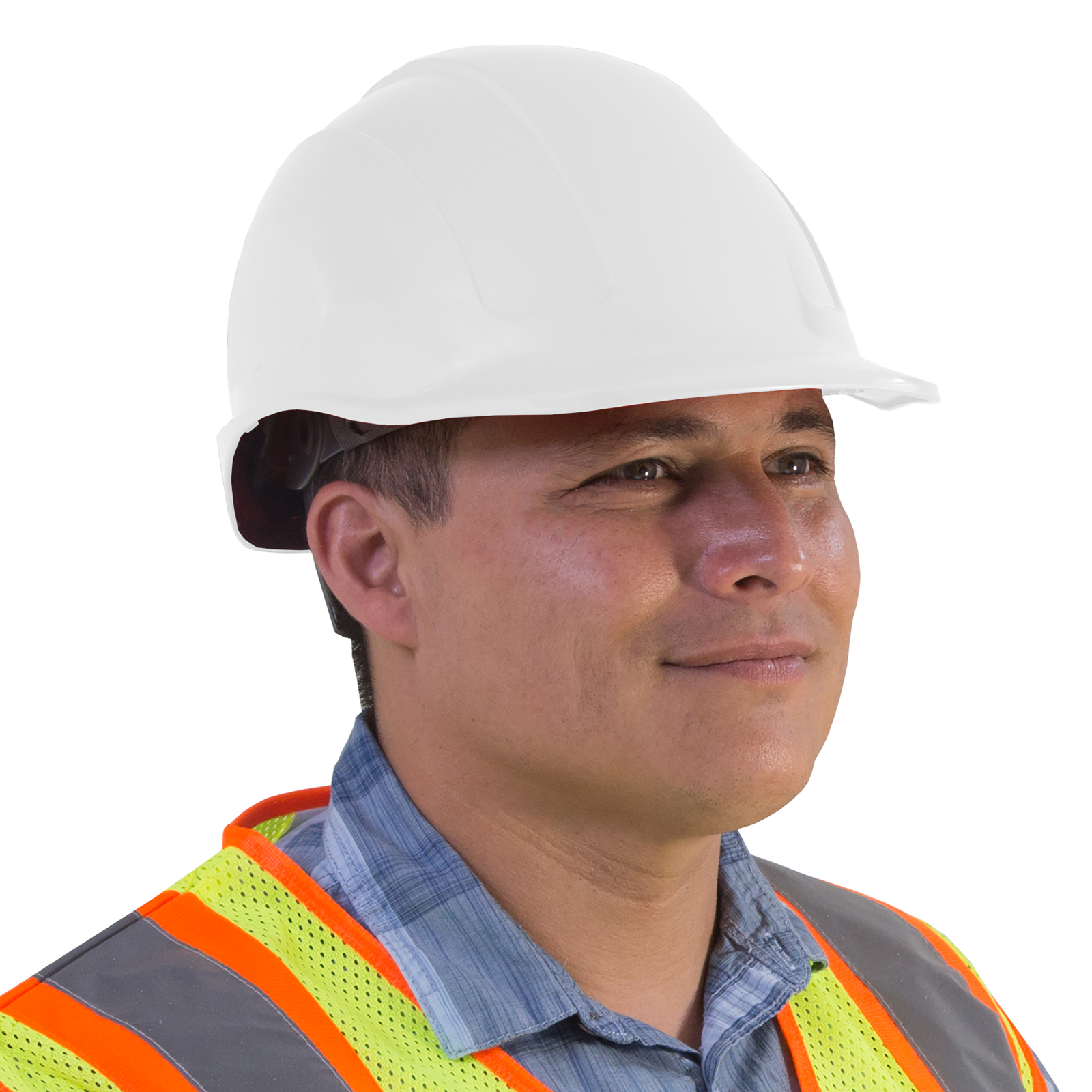 A worker wearing a white cap style safety hard hat