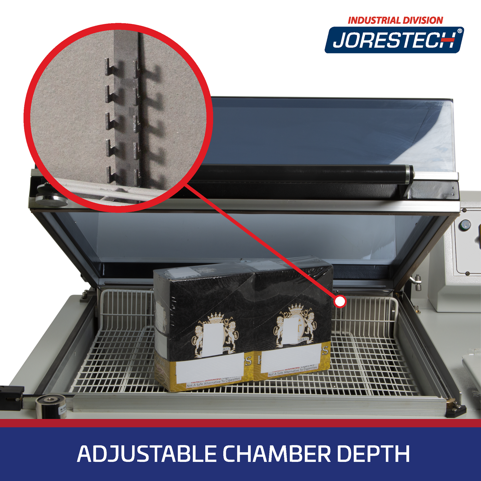 Close up of the shrink chamber or a JORESTECH shrink wrapping system with two boxes that were shrink packaged together into one bundle. A zoomed detail shows the height adjustment racks behind the chamber tray where chamber depth can be adjusted. Blue banner on the bottom says: Adjustable Chamber Depth.