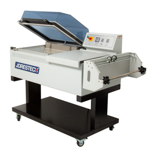 JORES TECHNOLOGIES®  Complete sealing system including shrink roll dispenser, plastic sealer and cutter, and a shrink chamber over a white background.