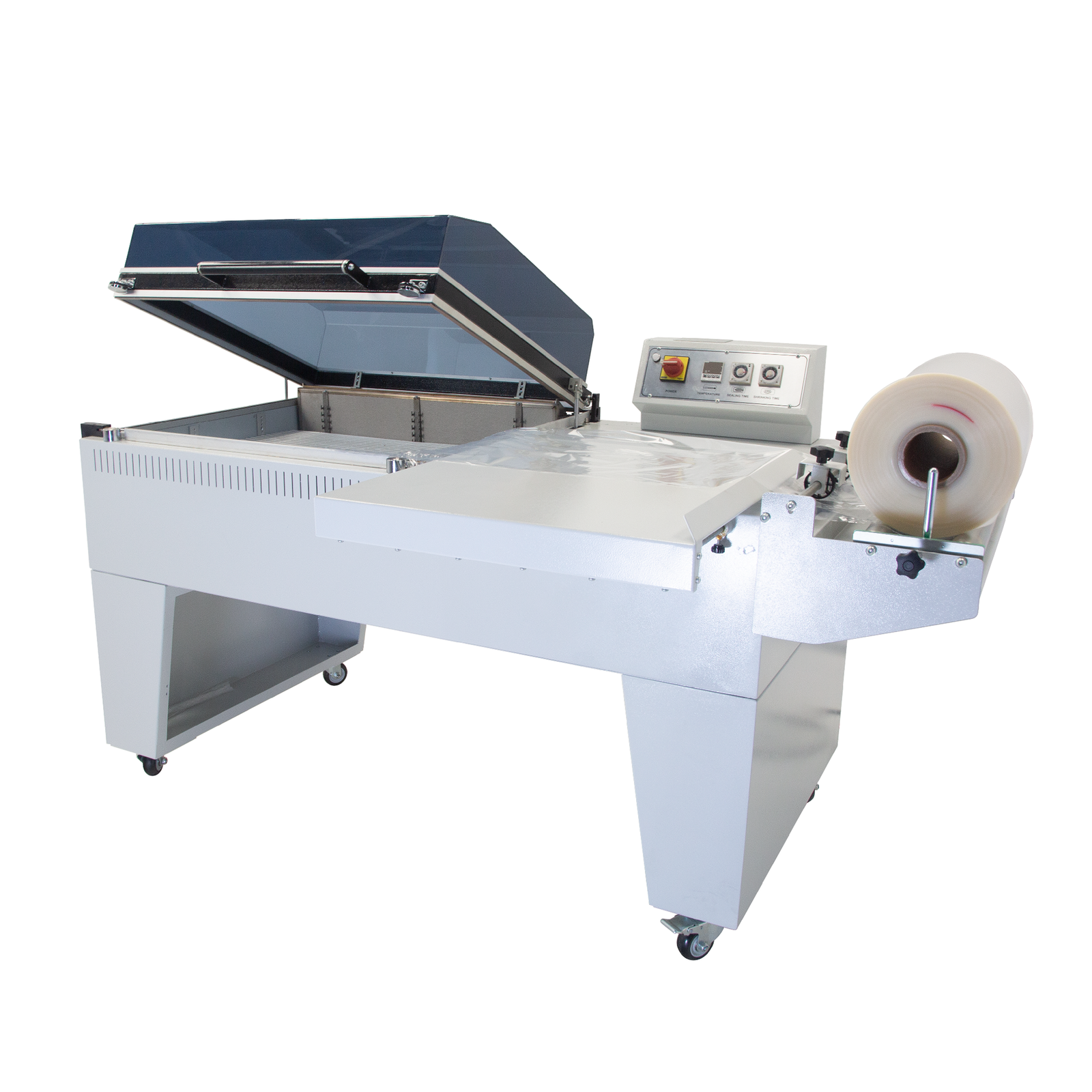 JORESTECH Complete sealing system including shrink roll dispenser, plastic sealer and cutter, and a shrink chamber over a white background.