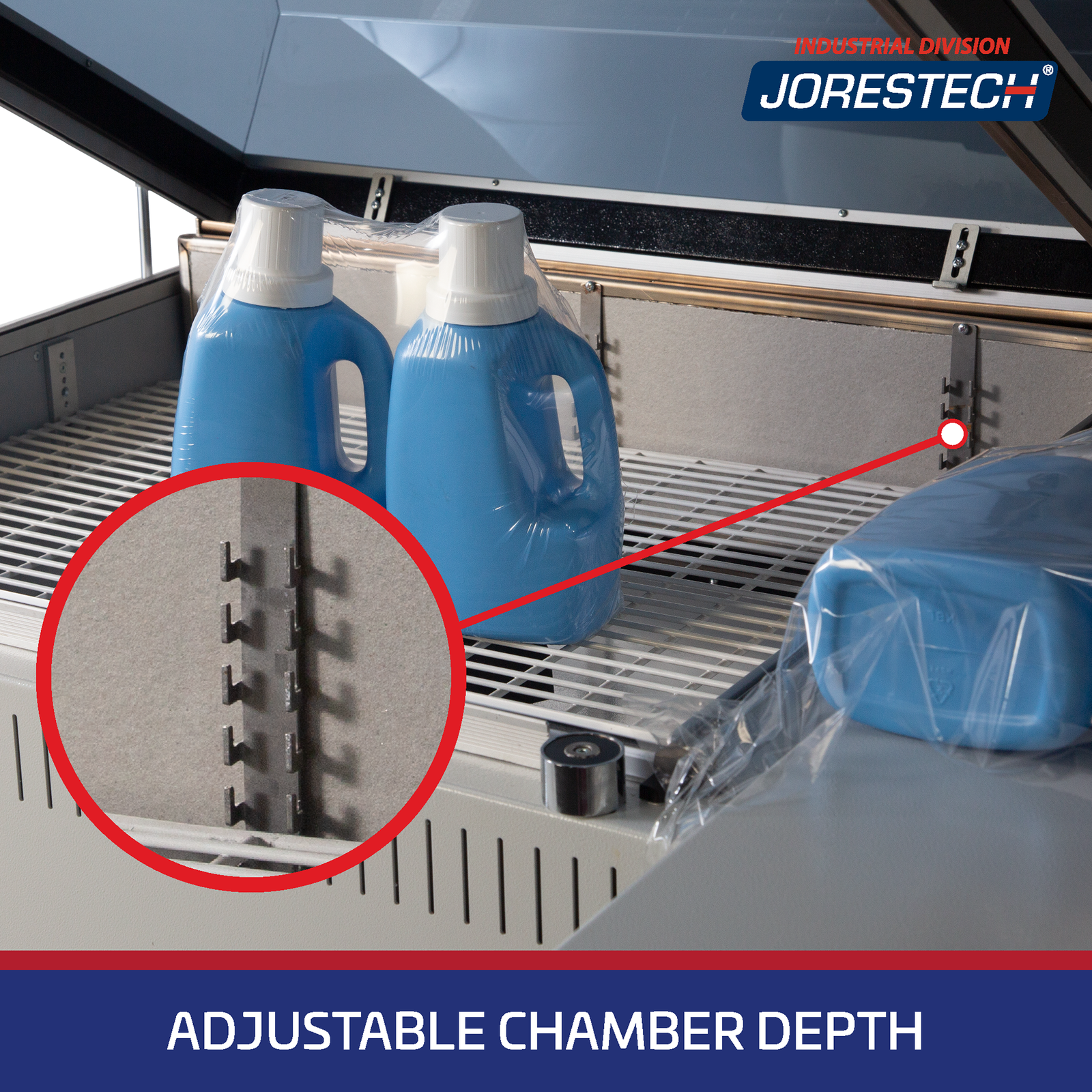 Close up of the shrink chamber or a JORESTECH shrink wrapping system with two containers that were shrink packaged together into one bundle. A zoomed in detail shows the height adjustment racks behind the chamber tray where chamber depth can be adjusted. Blue banner text says: Adjustable Chamber Depth.