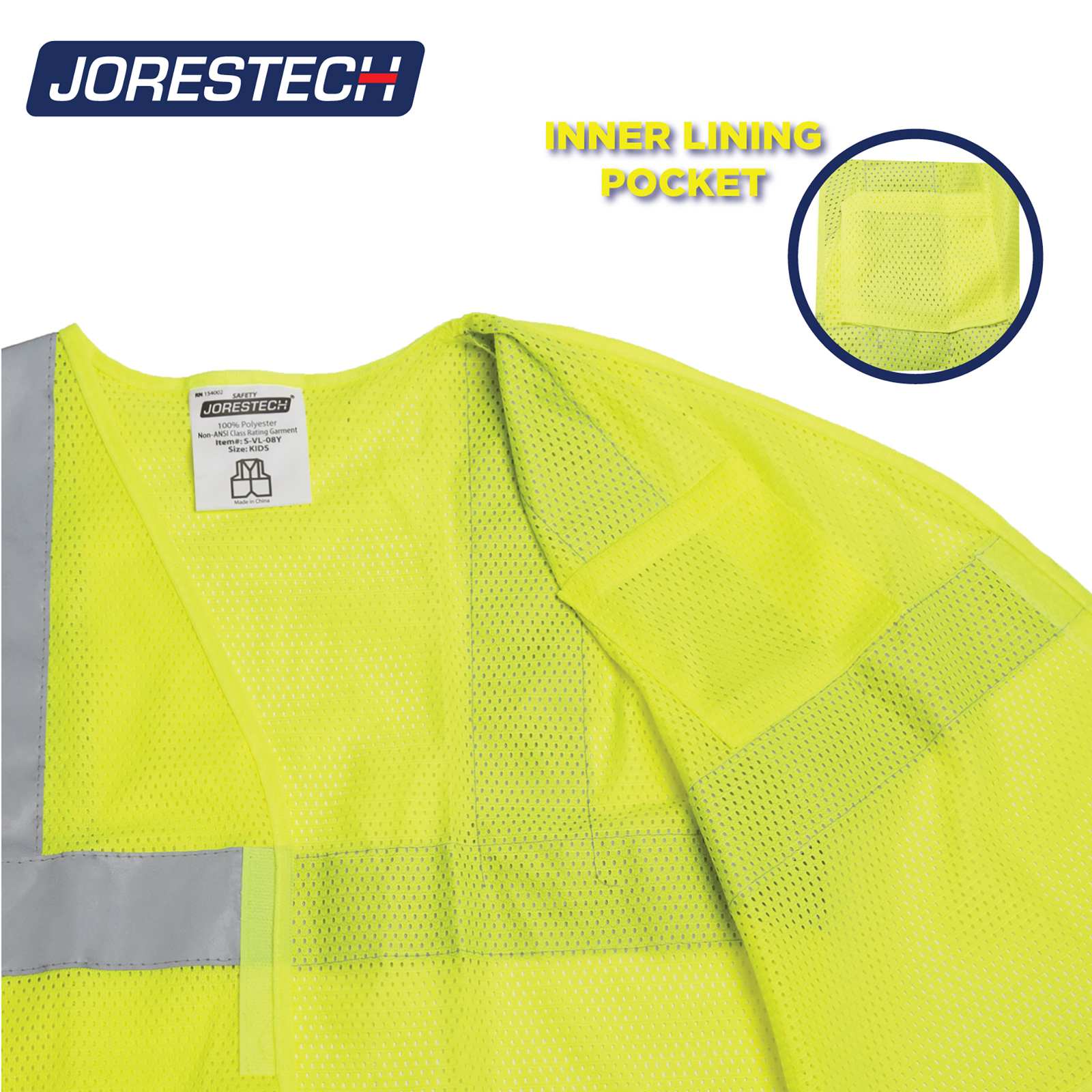 Features a yellow mesh safety vest for kids with a pocket. Text reads: inner linning pocket
