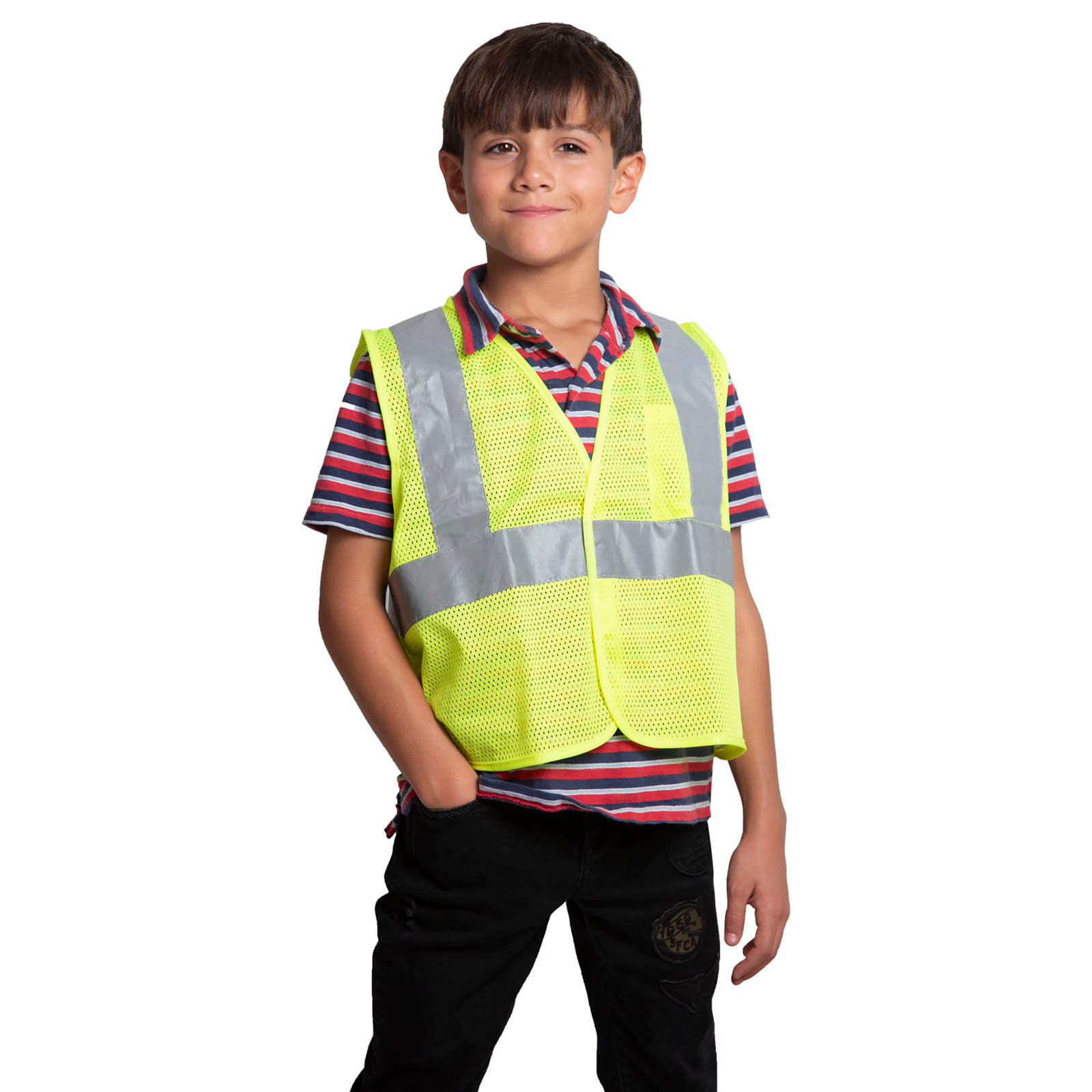 an 8 year old boy wearing a lime JORESTECH reflective safety vest for kids 