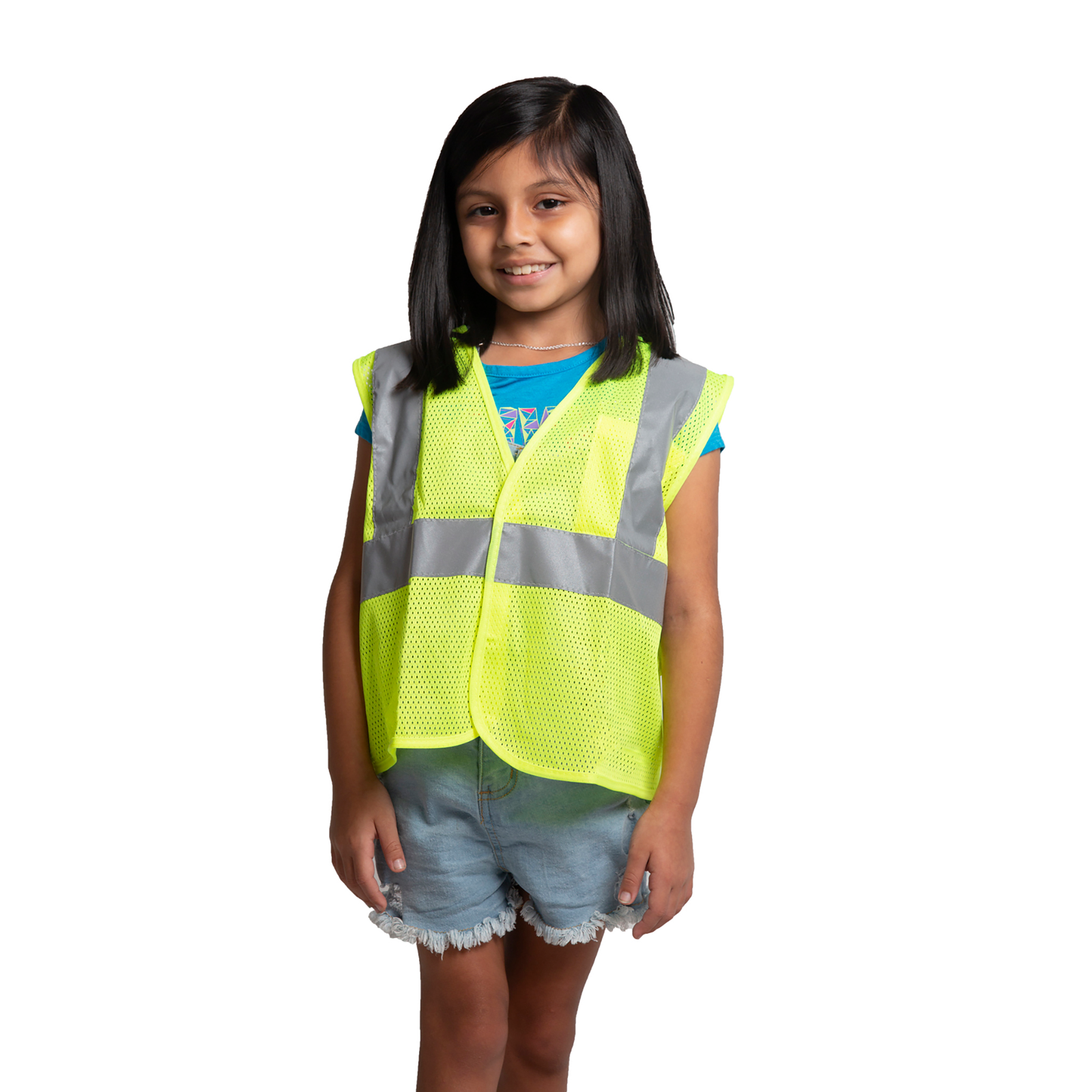 5 year old girl wearing a lime yellow safety vest with reflective strips for school