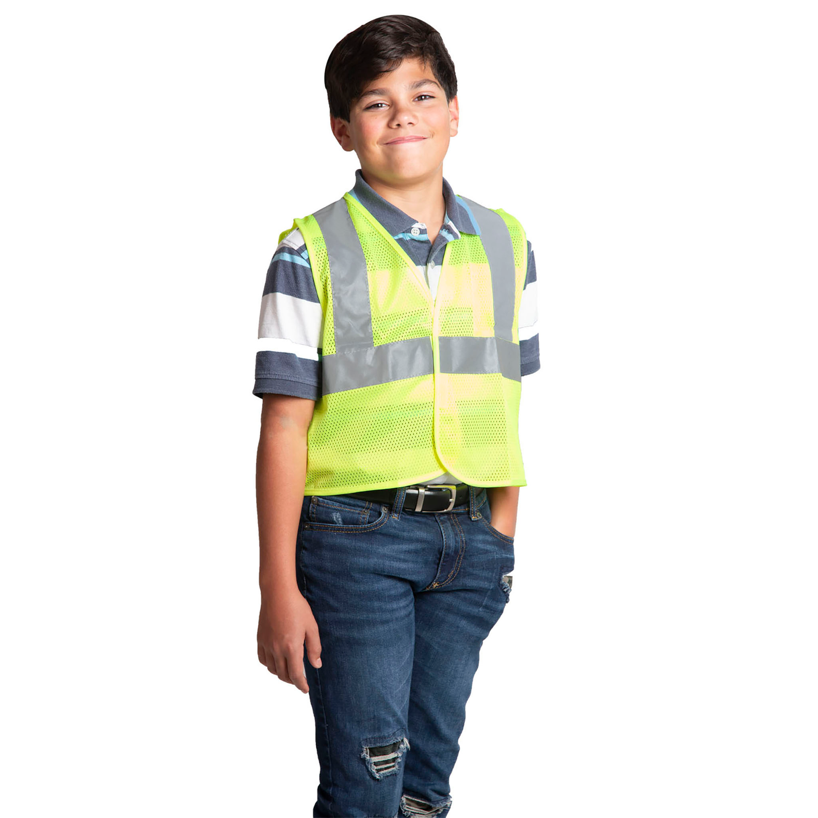 An 11 year old boy wearing a lime JORESTECH safety vest for kids