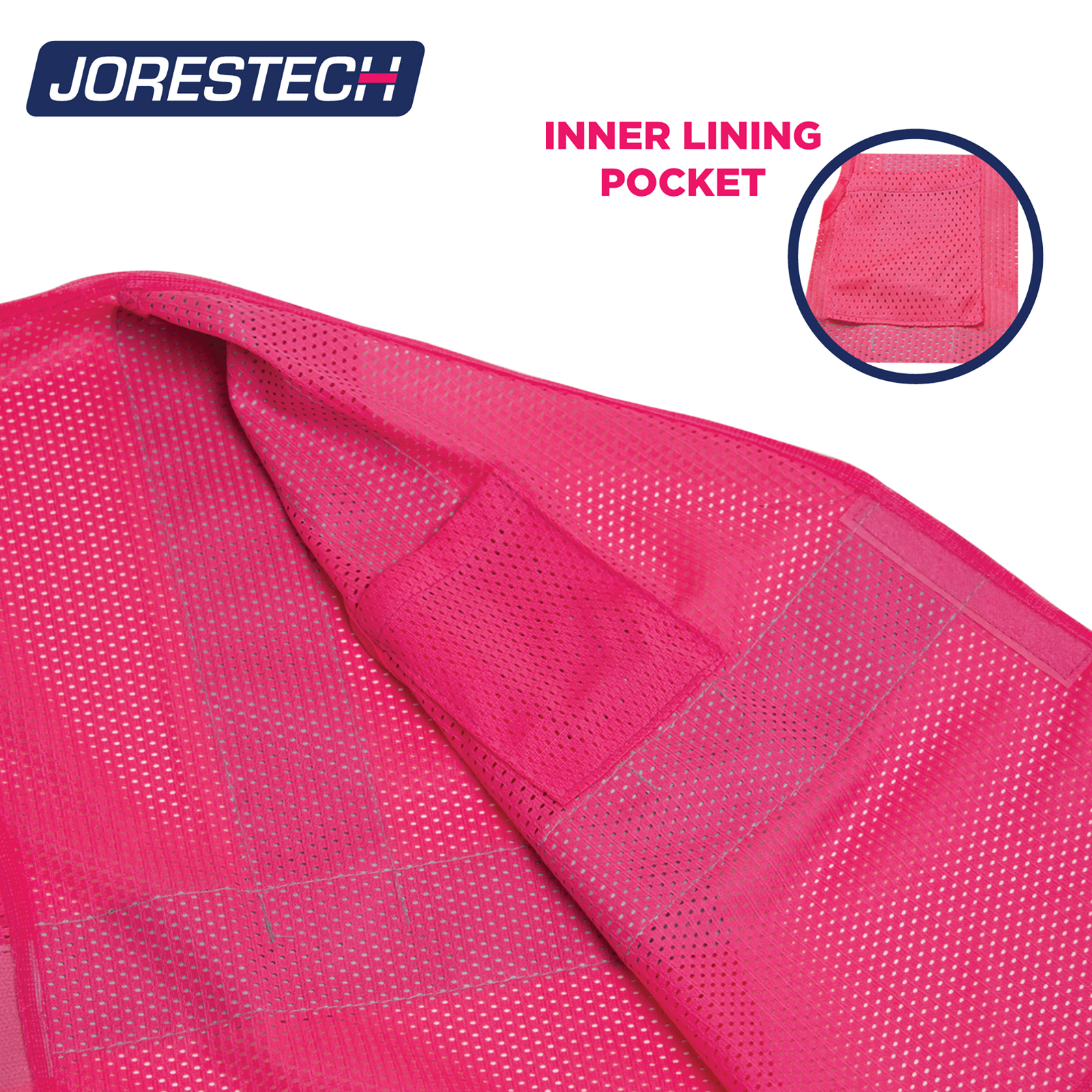 mesh fabric on the pink safety vest for kids and a call our that reads: inner lining pocket 