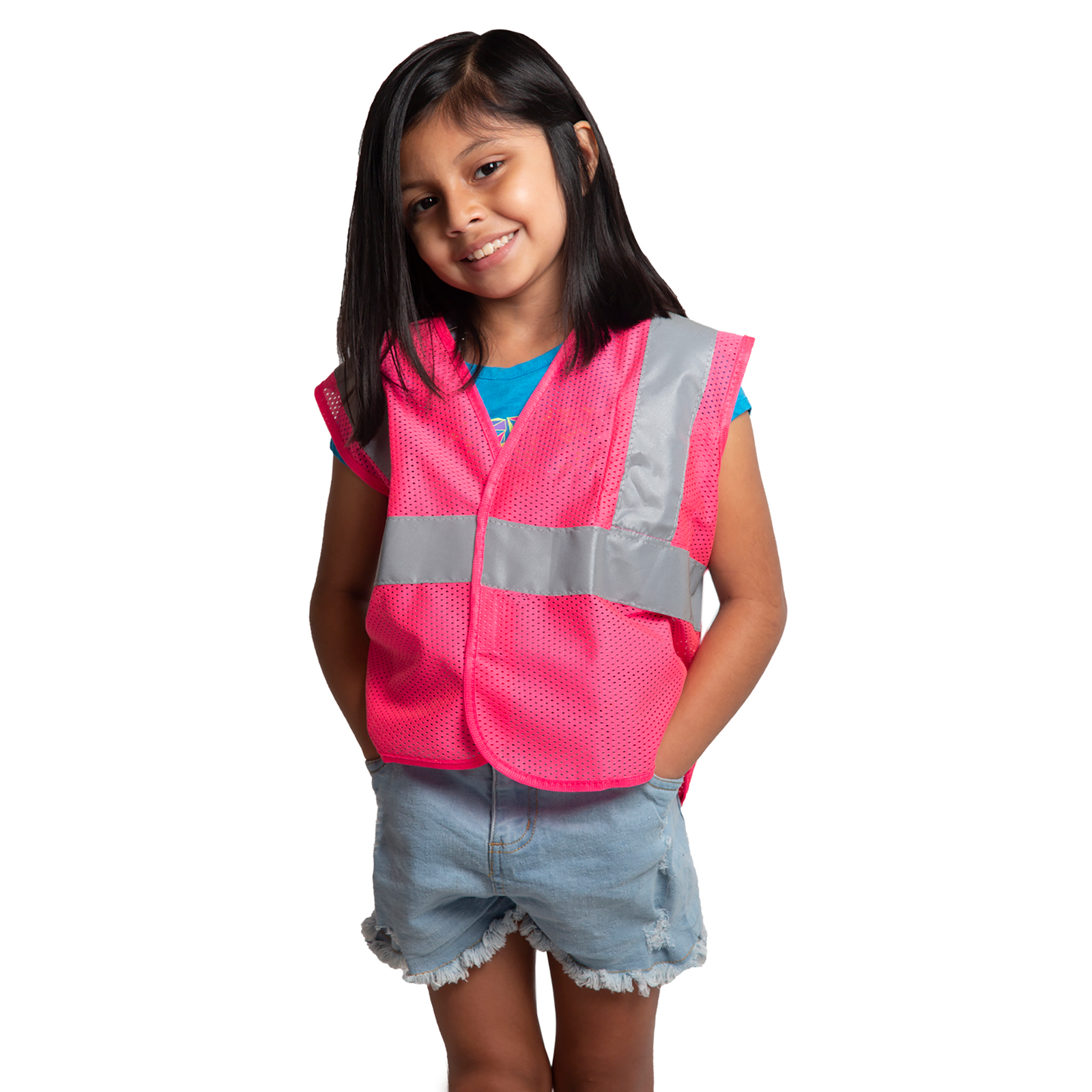 A girl wearing a pink reflective safety vest