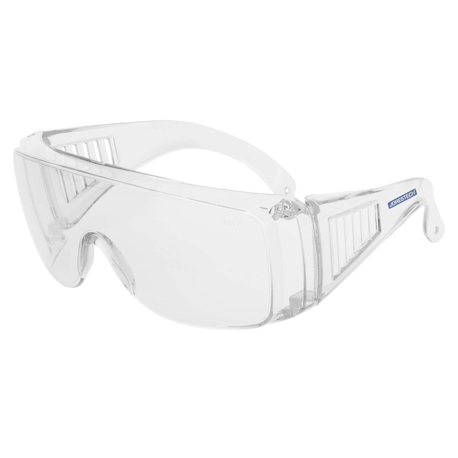 Clear Jorestech safety over glasses for high impact protection on a white background