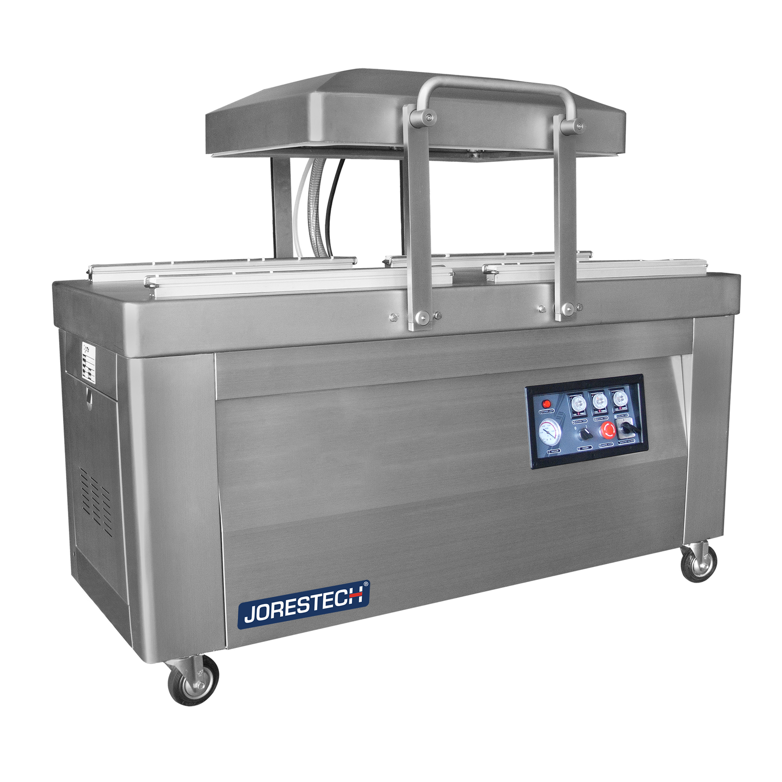 Stainless steel commercial doble chamber vacuum sealer with dual 23 inches seal bar. The machine has the lid open