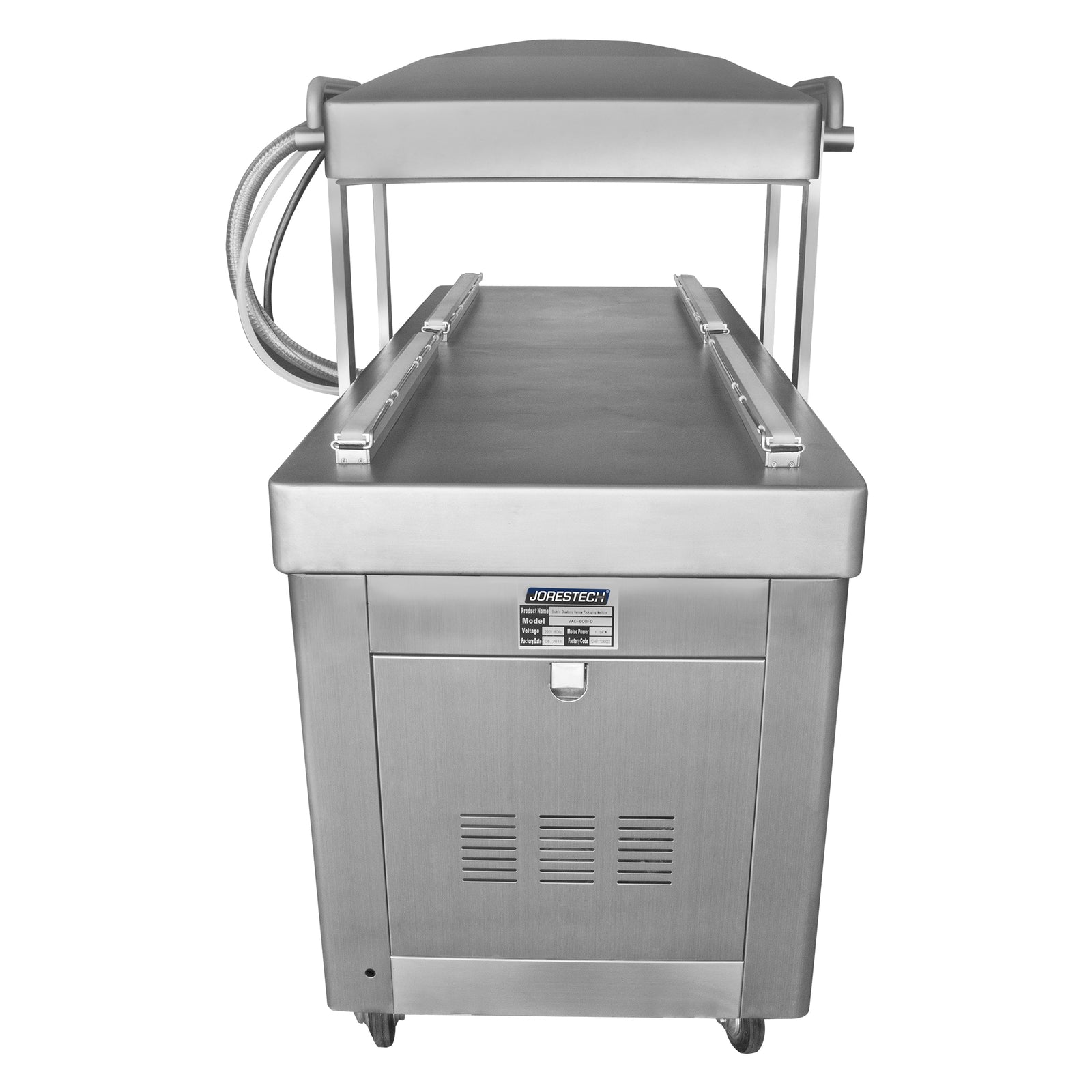 Side of the stainless steel 220v commercial dual chamber vacuum sealer with dual 23 inches seal bar. The machine is shown with the lid open so that heating seal bars can be appreciated