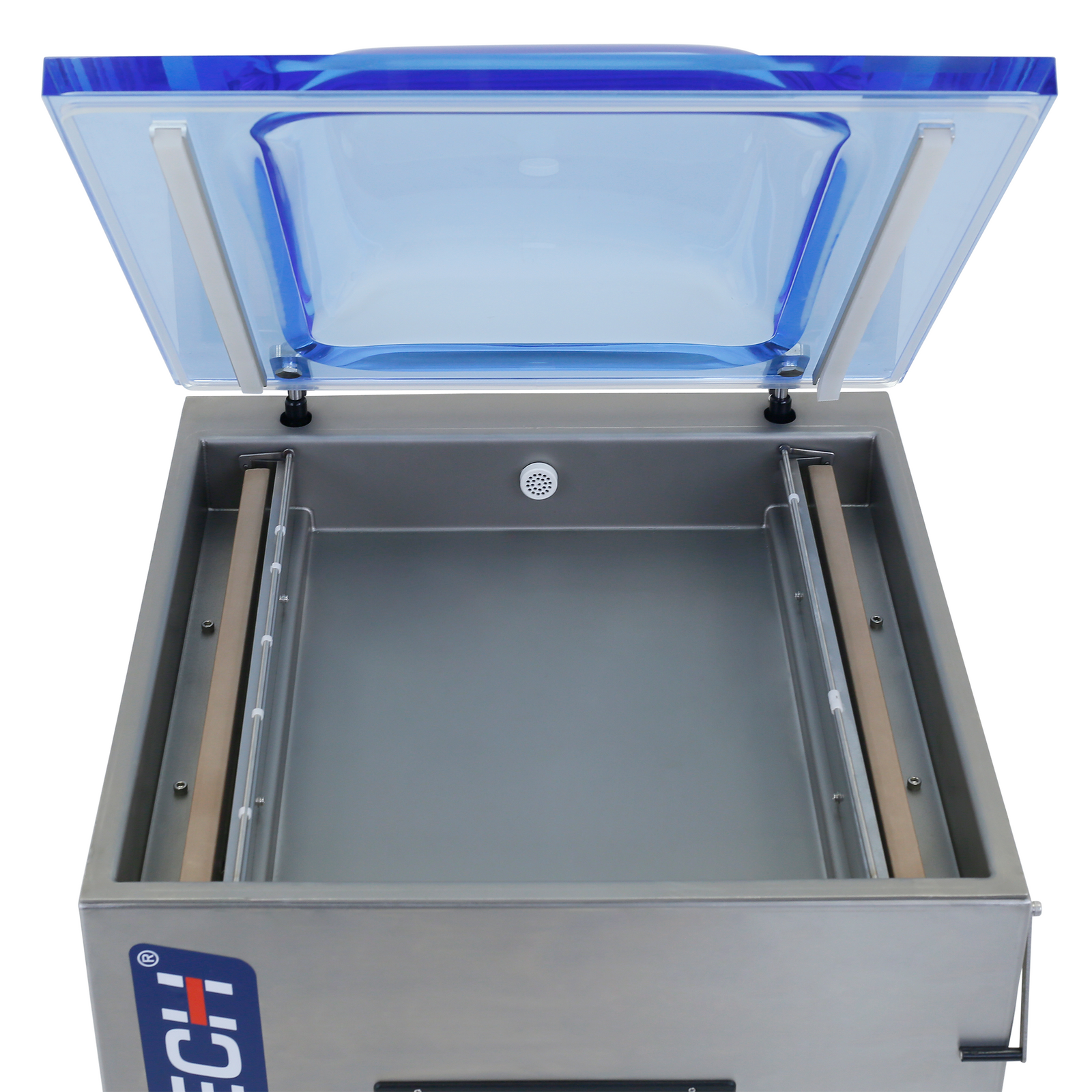 Commercial self standing single chamber vacuum sealer with the lid open. Shows the interior of the chamber and the 2 sealing bars