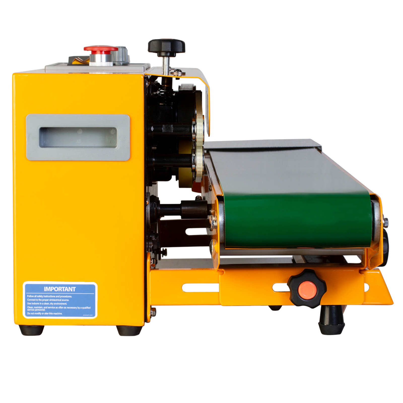 side view of the JORES TECHNOLOGIES® yellow continuous band sealing machine with green band in collapsed horizontal position