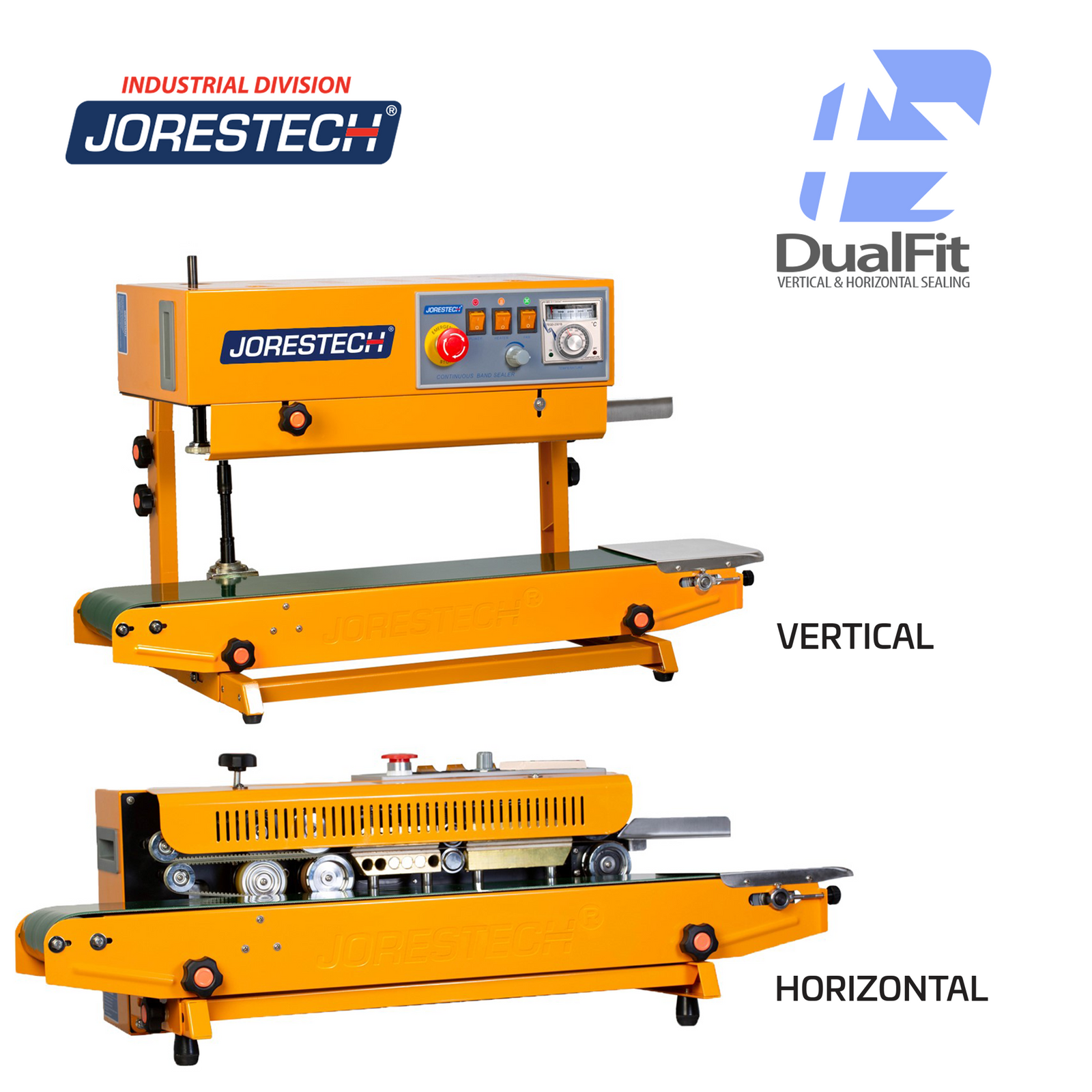 Features the yellow continuous band sealer in vertical and horizontal position. 