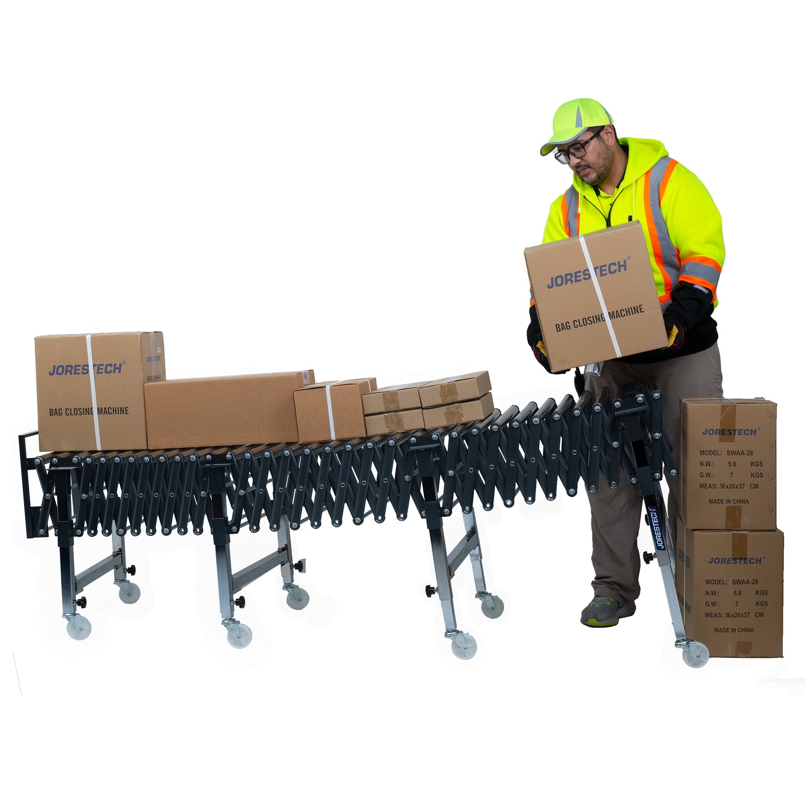 man wearing hi-vis yellow jacket and hat loading brown boxes of different sizes onto a JORES TECHNOLOGIES® height adjustable conveyor roller
