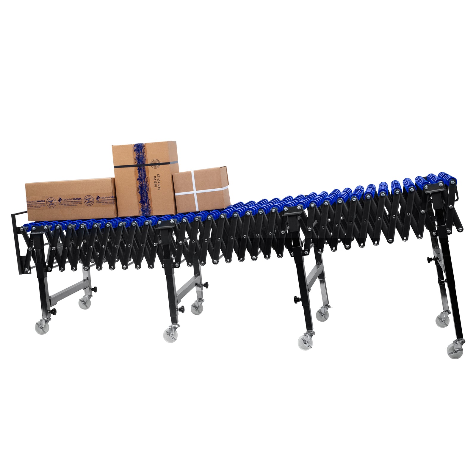 gravity skate wheel conveyor with steel frame, blue wheels, and white rolling casters with three brown boxes on top. One side of the conveyor is lover that the other so that boxes can slide with gravity