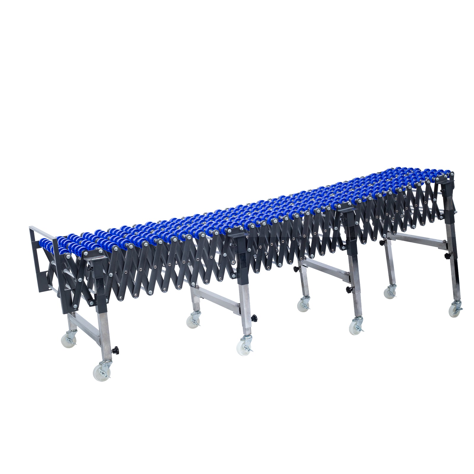 An expanded gravity skate wheel conveyor with steel frame, blue wheels, and white rolling casters over white background . Front side of the conveyor is lower that the far side