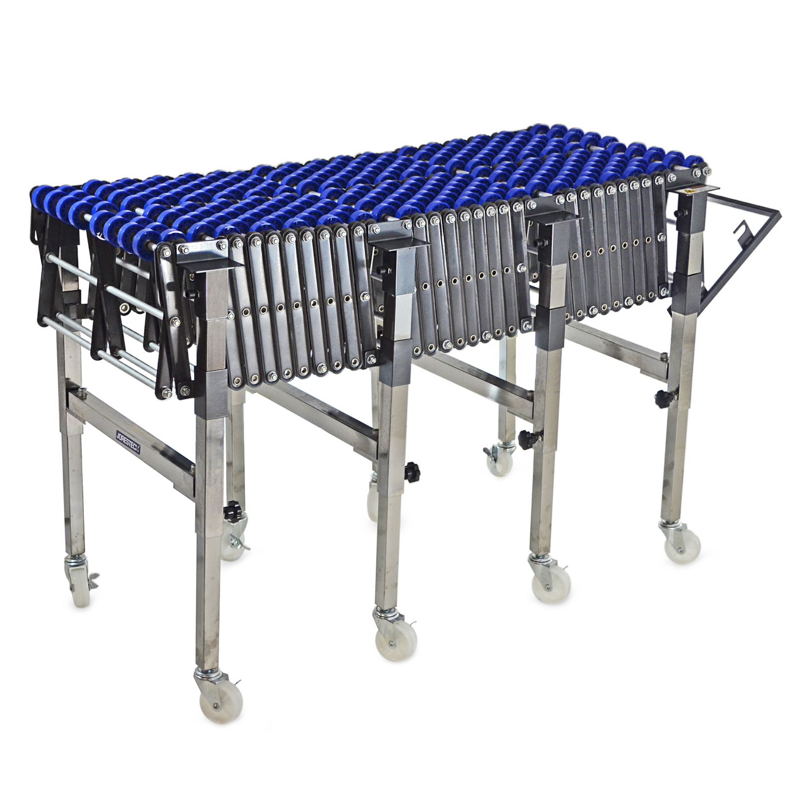 JORES TECHNOLOGIES® gravity skate wheel conveyor in a compressed position with steel frame, blue wheels, and rolling casters 