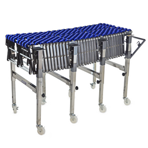 Jorestech gravity skate wheel conveyor in a compressed position with steel frame, blue wheels, and white rolling casters over white background