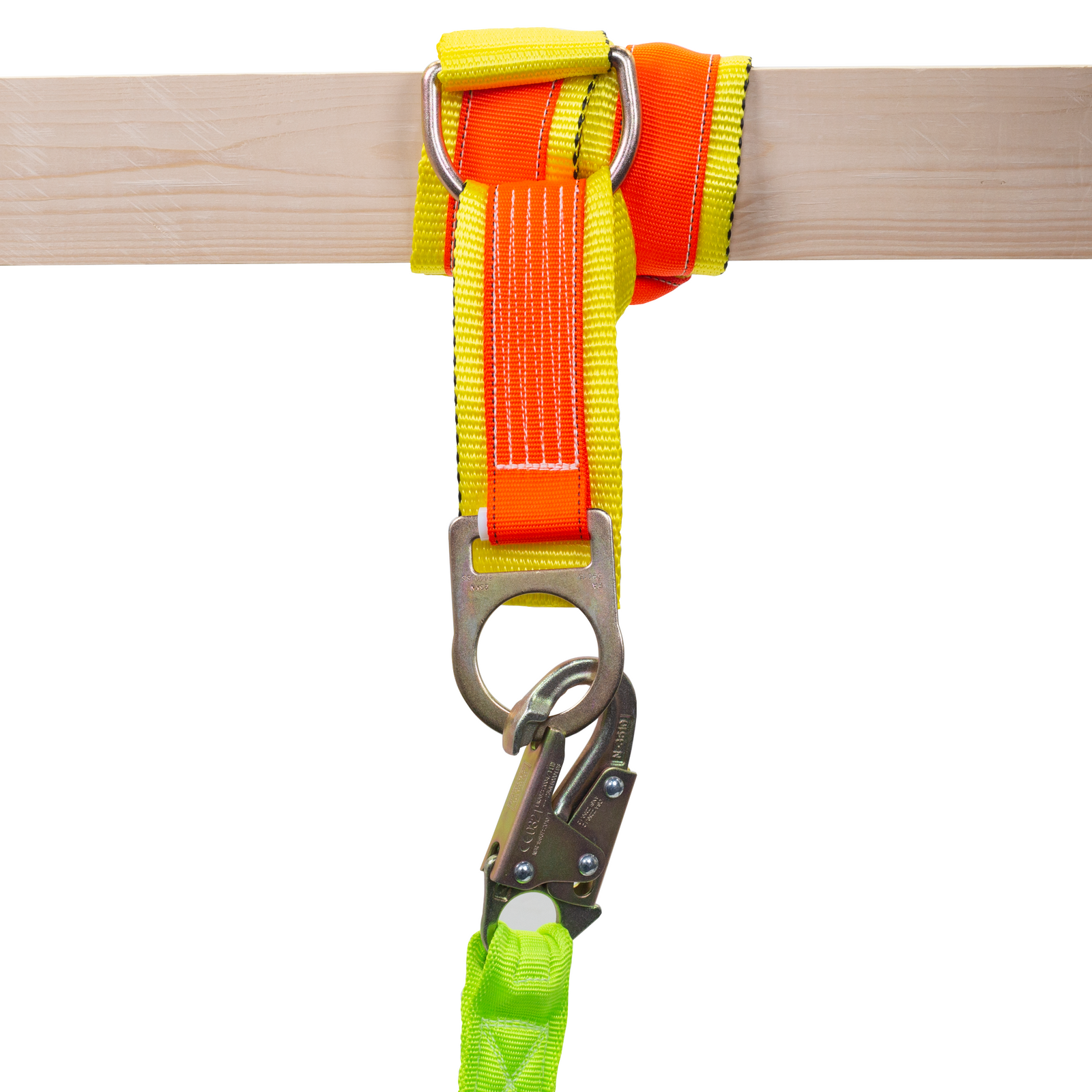A cross armor anchor strap with double D ring system attached to a wooden beam and a shock absorbing lanyard hooked to the metal o ring for safety
