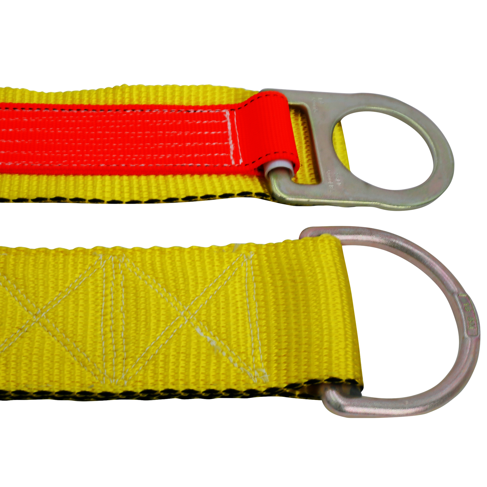 Close up showing the heavy duty stitching and the 2 metal rings of the JORESTECH yellow and orange cross arm anchor strap with double D ring