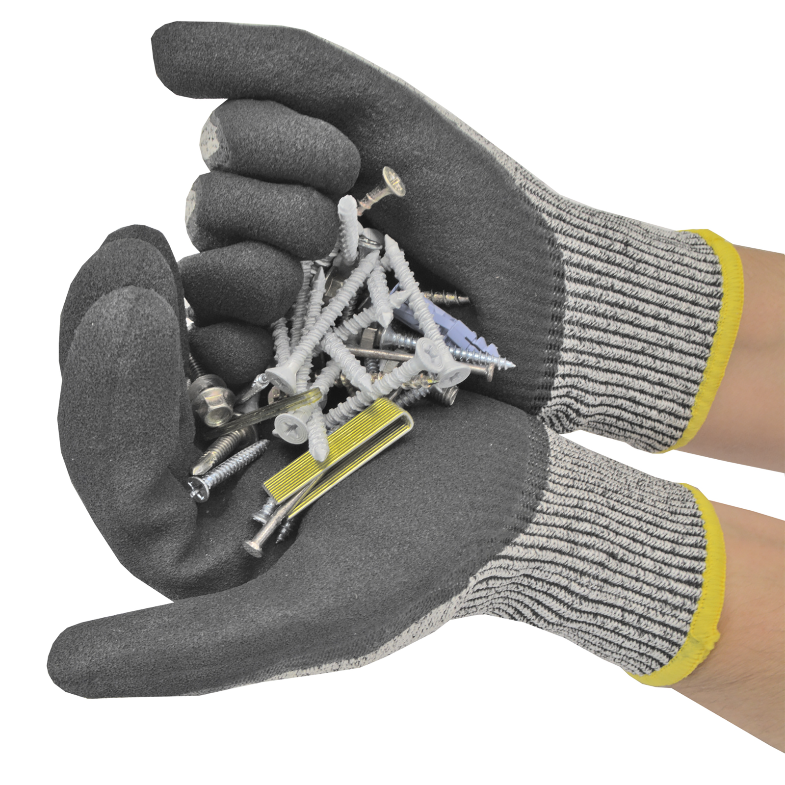 Two hands holding a large amount of nails and staples while wearing the cut resistant JORESTECH safety work gloves with black nitrile dipped palm
