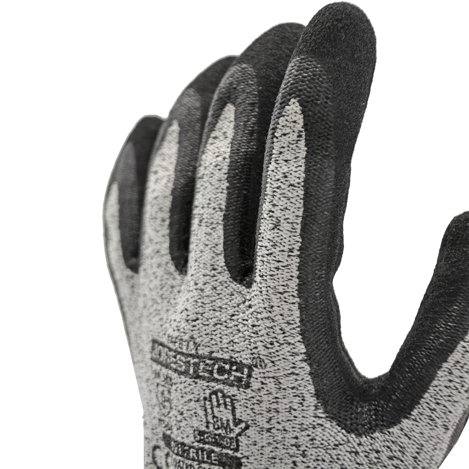 Close up of the gray fabric and the texture of the nitrile coating of the JORESTECH cut resistant glove  with nitrile dipped palms