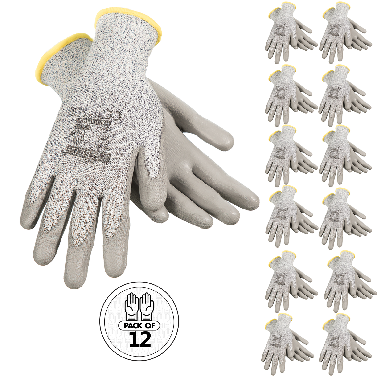 12 pack of cut resistant safety work gloves with polyurethane dipped palms