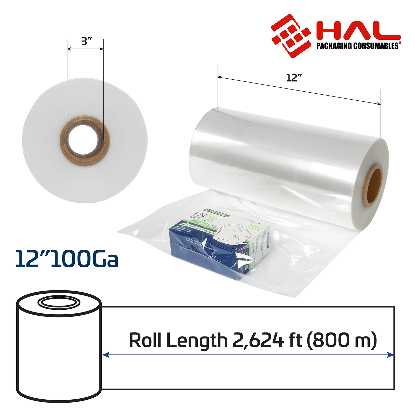 Measurements of the 100 gauge shrink wrapping film tube. 3 inch diameter of the inner core, and 12 inch width with a 2,624 ft. length (800 meters).