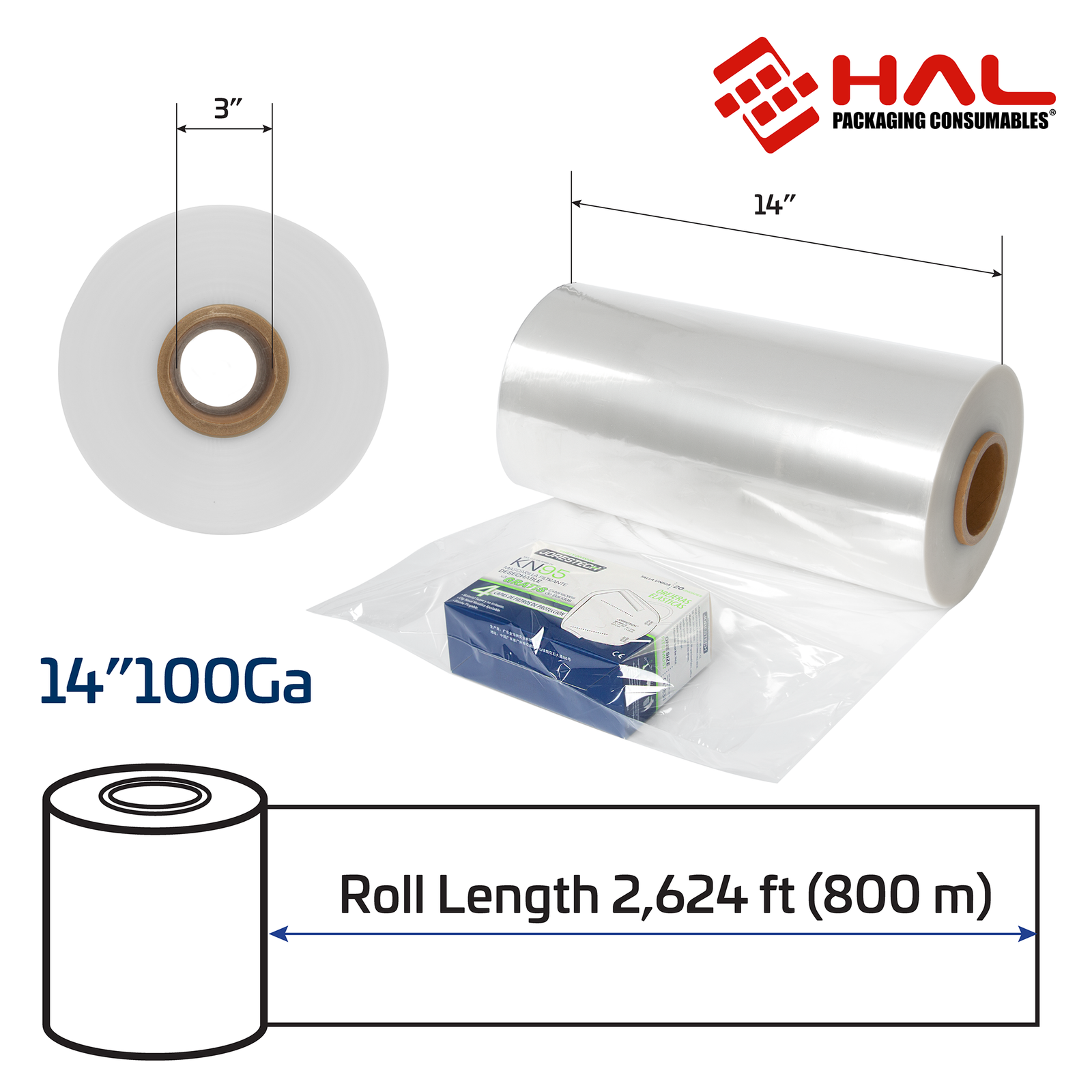 Measurements of the 100 gauge shrink wrapping film tube. 3 inch diameter of the inner core, and 14 inch width with a 2,624 ft. length (800 meters).